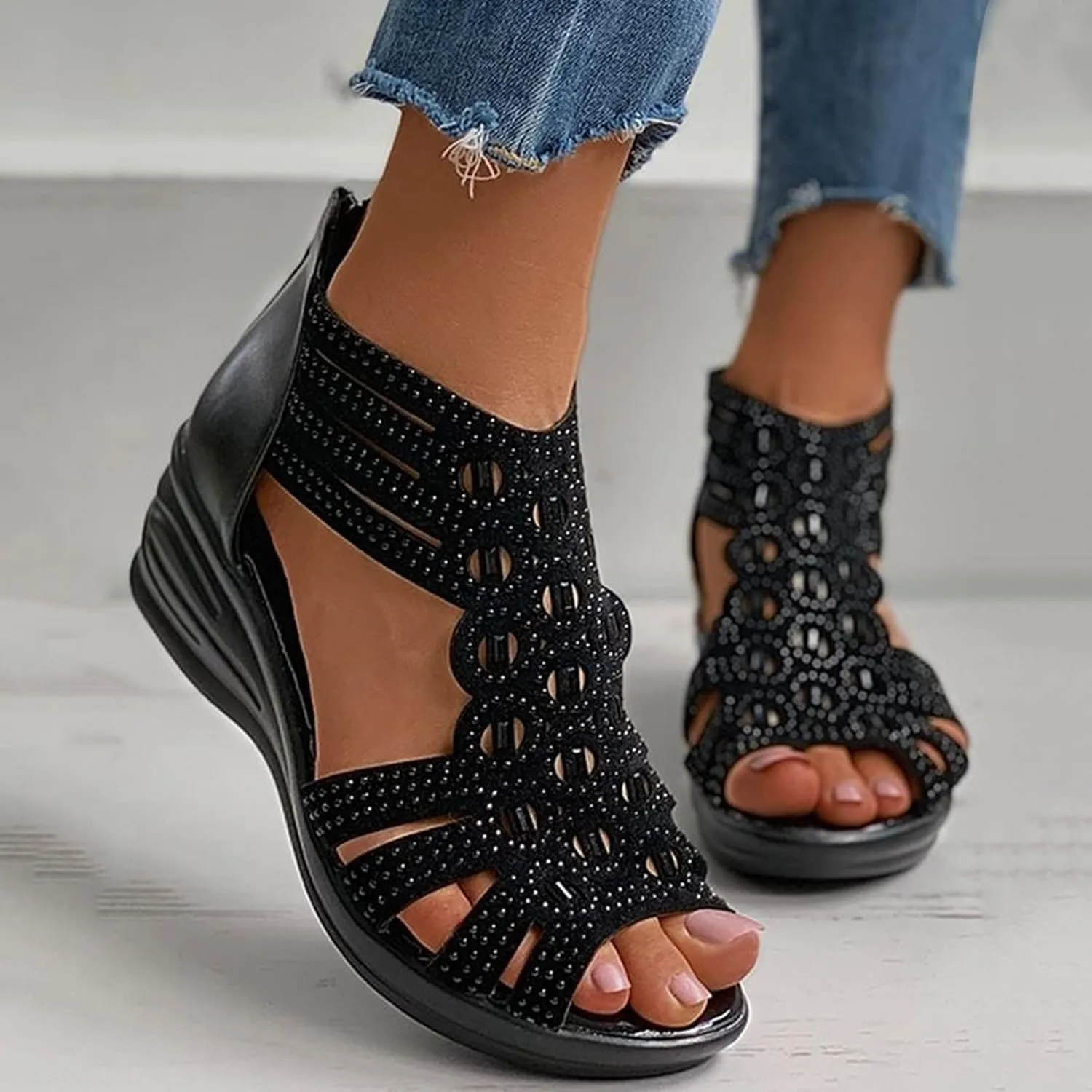 Cathalem Sandals For Women Gladiator Casual Summer Rhinestone Sandals Open Toe Low Wedge Sandals With Zip