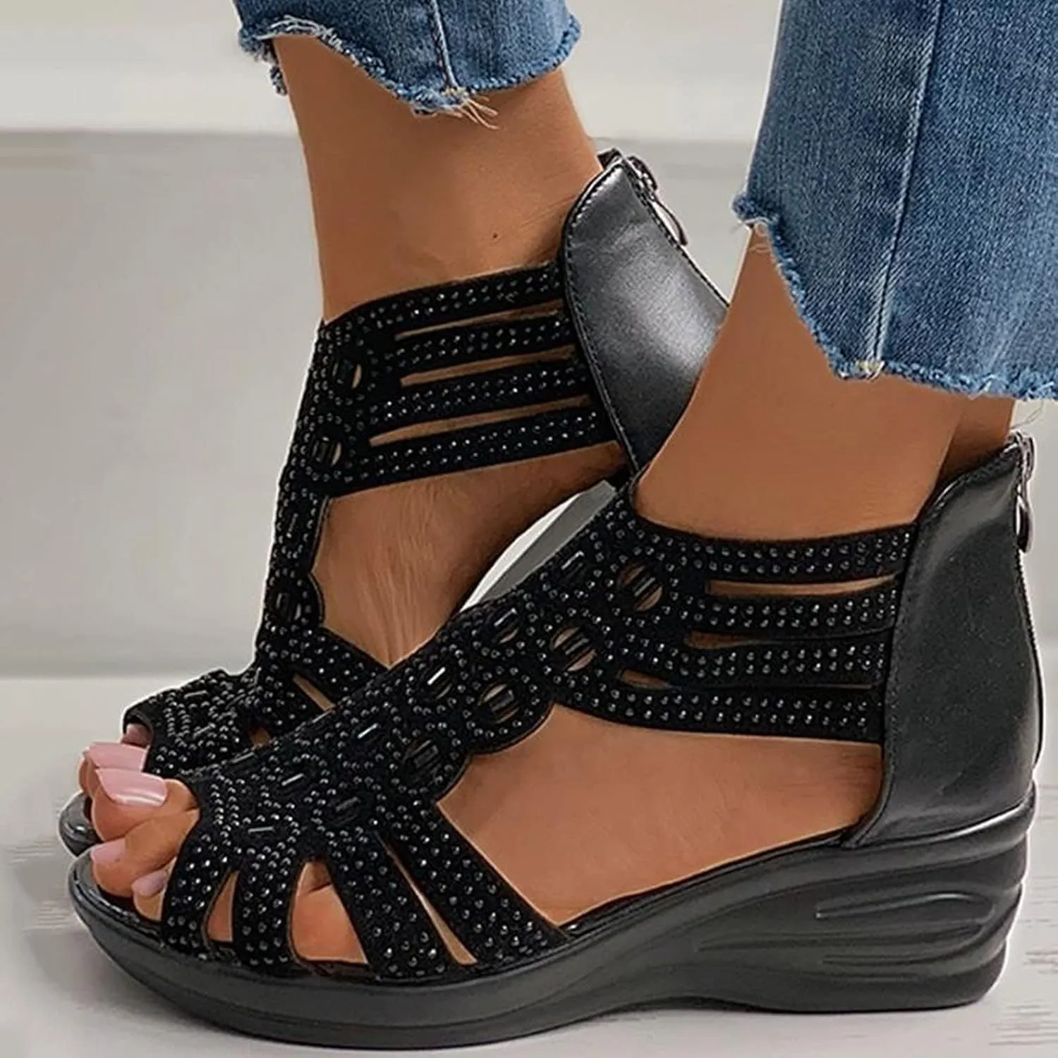 Cathalem Sandals For Women Gladiator Casual Summer Rhinestone Sandals Open Toe Low Wedge Sandals With Zip