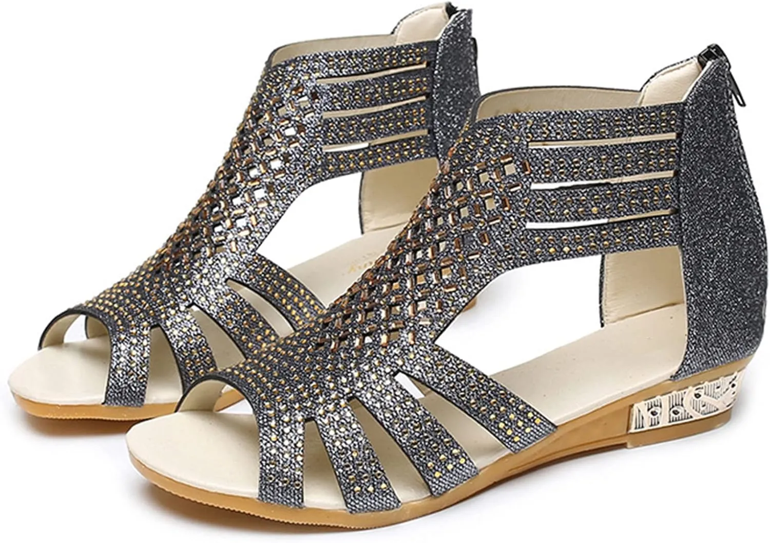 Eduavar Comfortable Sandals for Women, Gladiator Sandals for Women Rhinestone Low Wedge Sandals Summer Zip Up Sandals Shoes