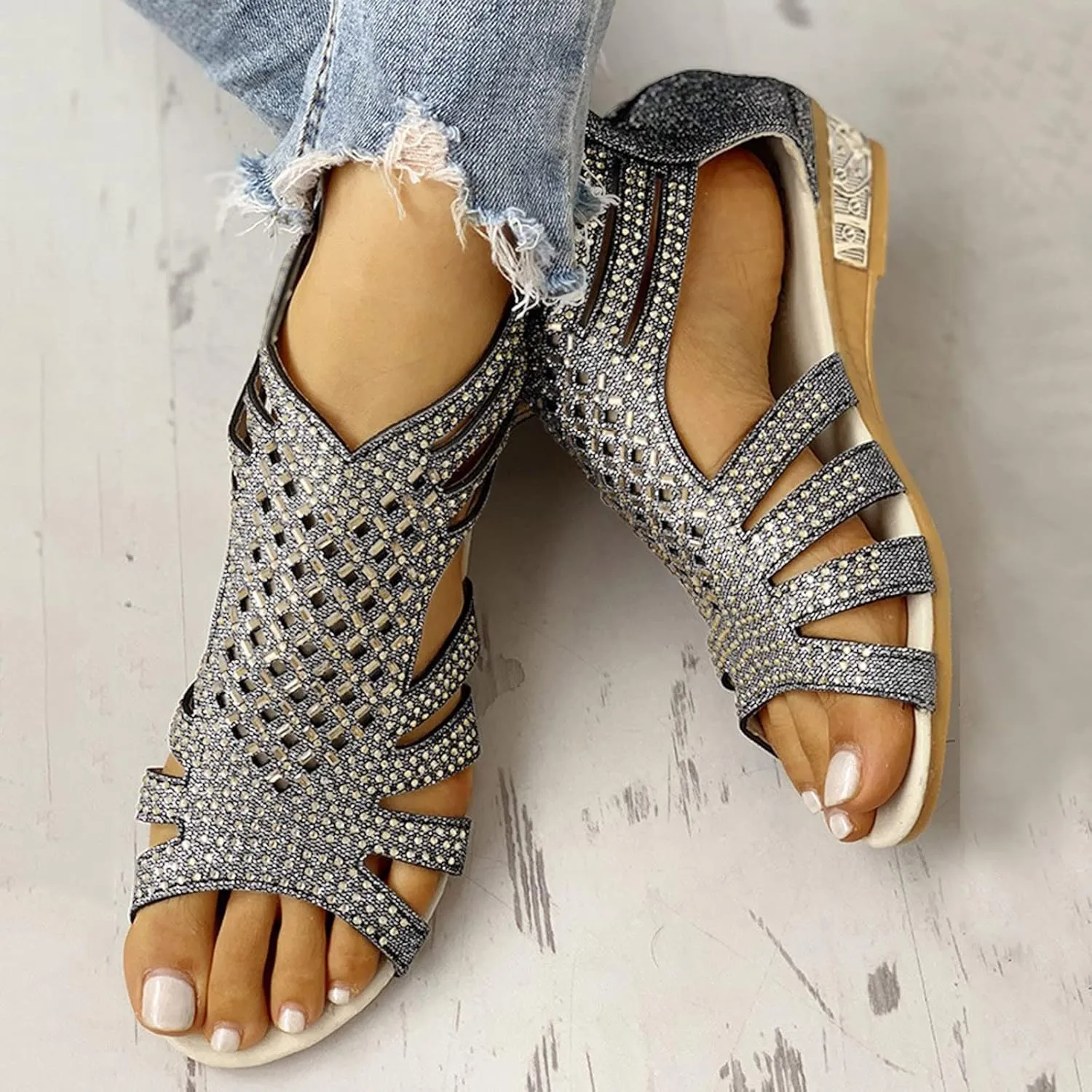 Eduavar Comfortable Sandals for Women, Gladiator Sandals for Women Rhinestone Low Wedge Sandals Summer Zip Up Sandals Shoes