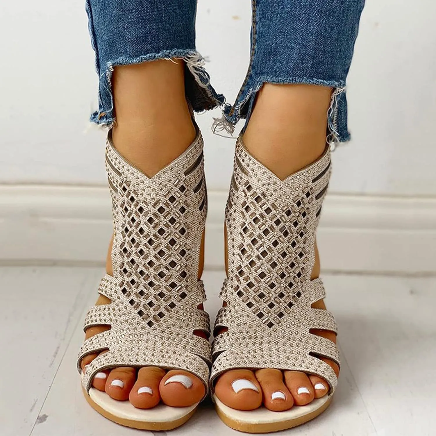 Eduavar Comfortable Sandals for Women, Gladiator Sandals for Women Rhinestone Low Wedge Sandals Summer Zip Up Sandals Shoes