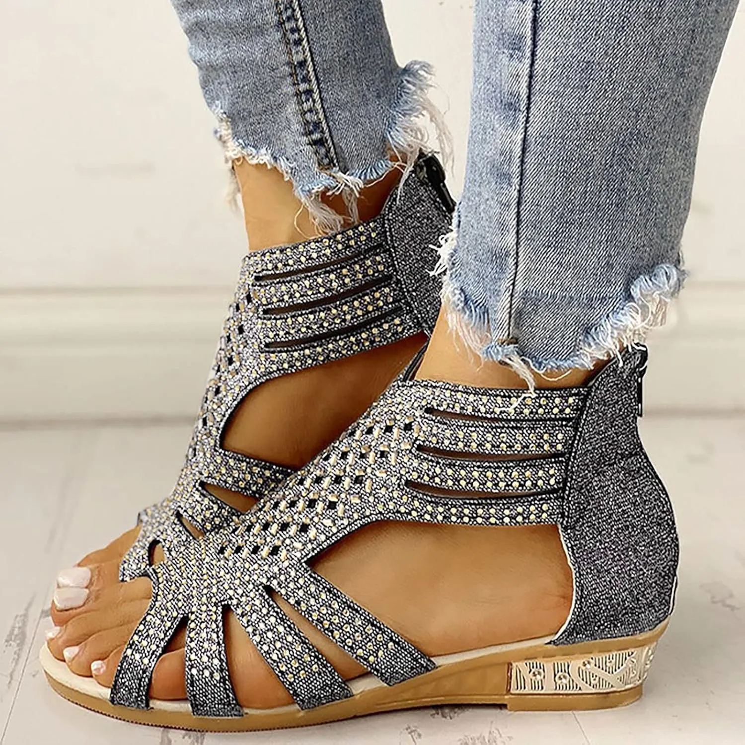 Eduavar Comfortable Sandals for Women, Gladiator Sandals for Women Rhinestone Low Wedge Sandals Summer Zip Up Sandals Shoes