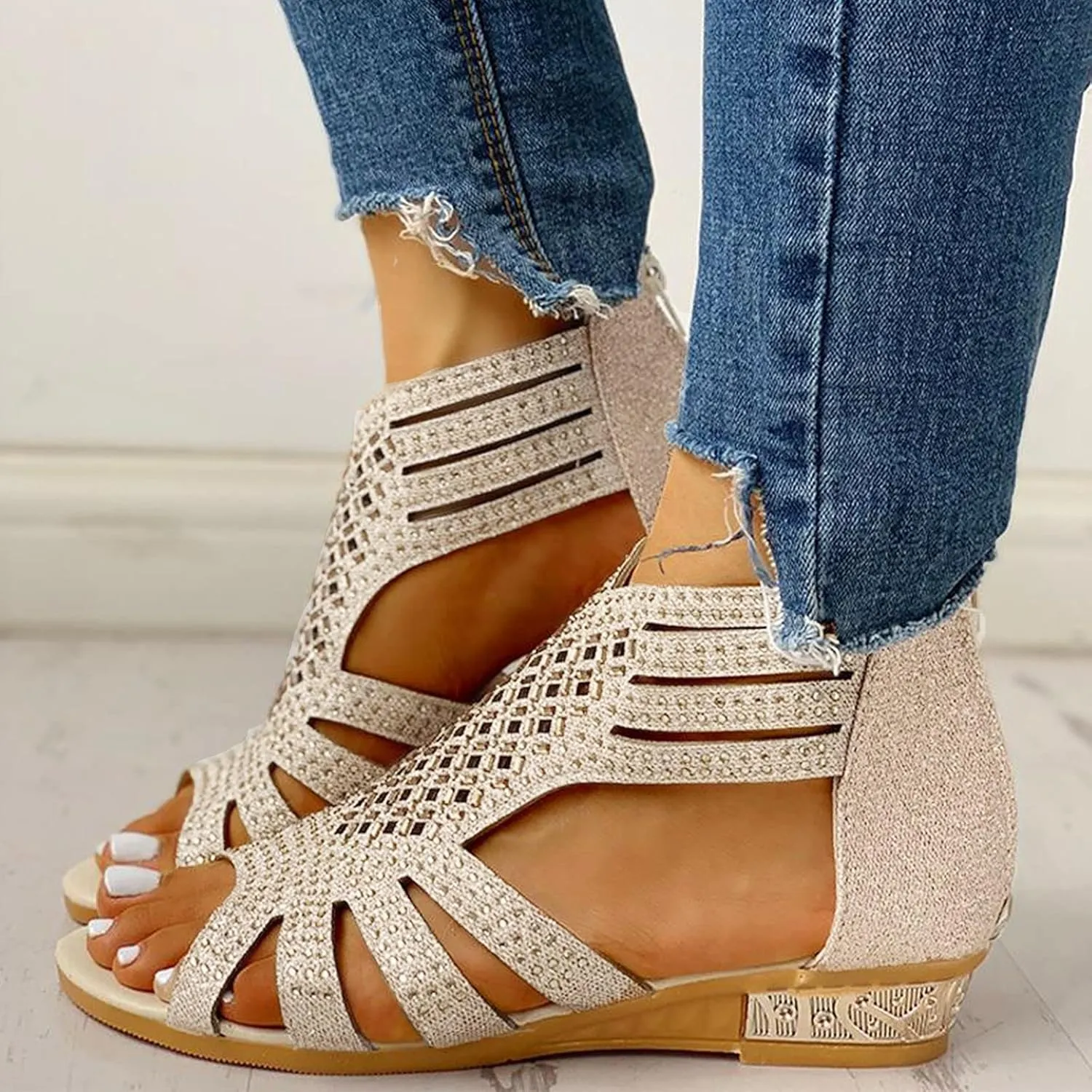Eduavar Comfortable Sandals for Women, Gladiator Sandals for Women Rhinestone Low Wedge Sandals Summer Zip Up Sandals Shoes