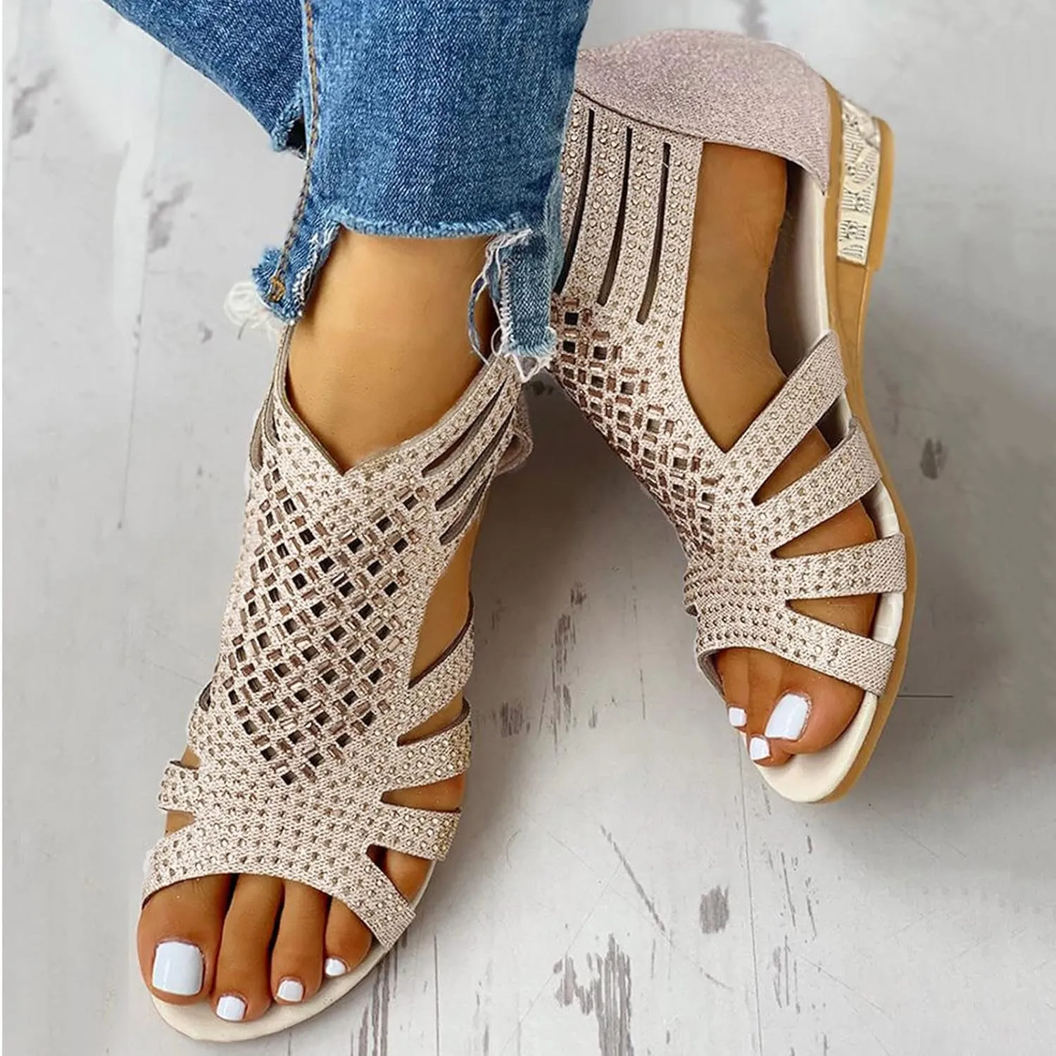 Eduavar Comfortable Sandals for Women, Gladiator Sandals for Women Rhinestone Low Wedge Sandals Summer Zip Up Sandals Shoes