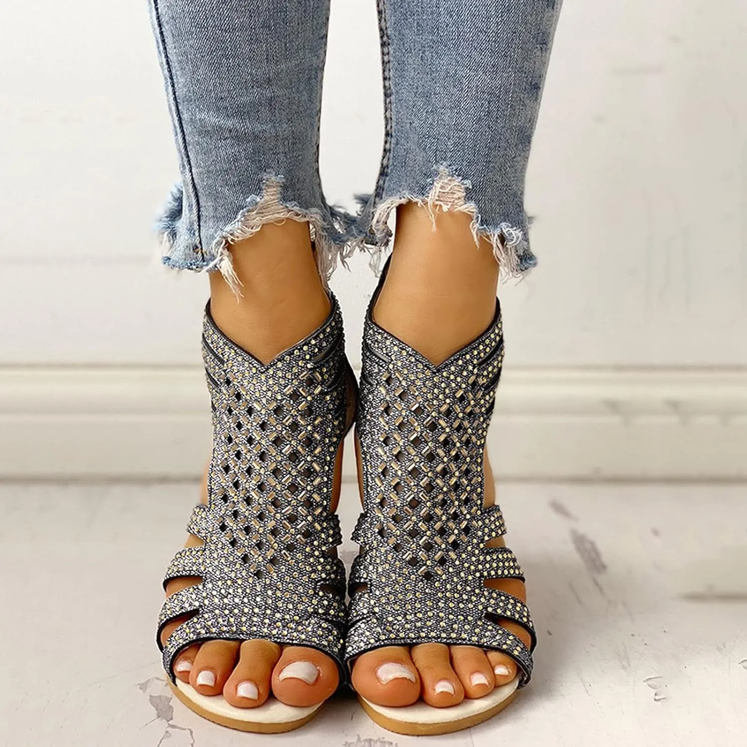 Eduavar Comfortable Sandals for Women, Gladiator Sandals for Women Rhinestone Low Wedge Sandals Summer Zip Up Sandals Shoes