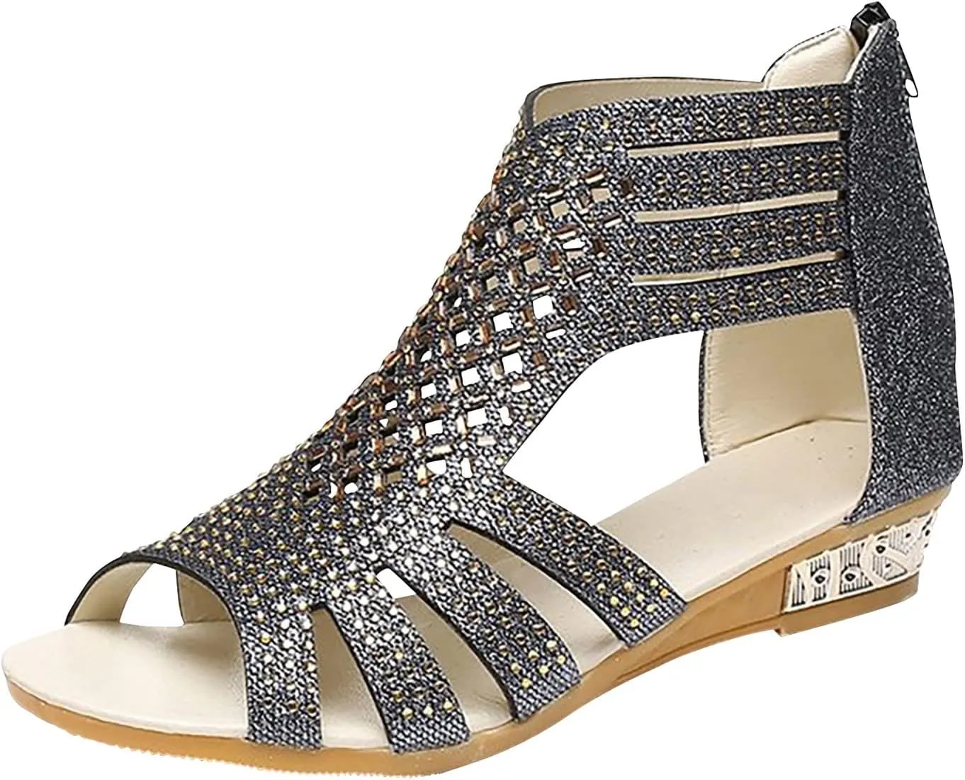Eduavar Comfortable Sandals for Women, Gladiator Sandals for Women Rhinestone Low Wedge Sandals Summer Zip Up Sandals Shoes