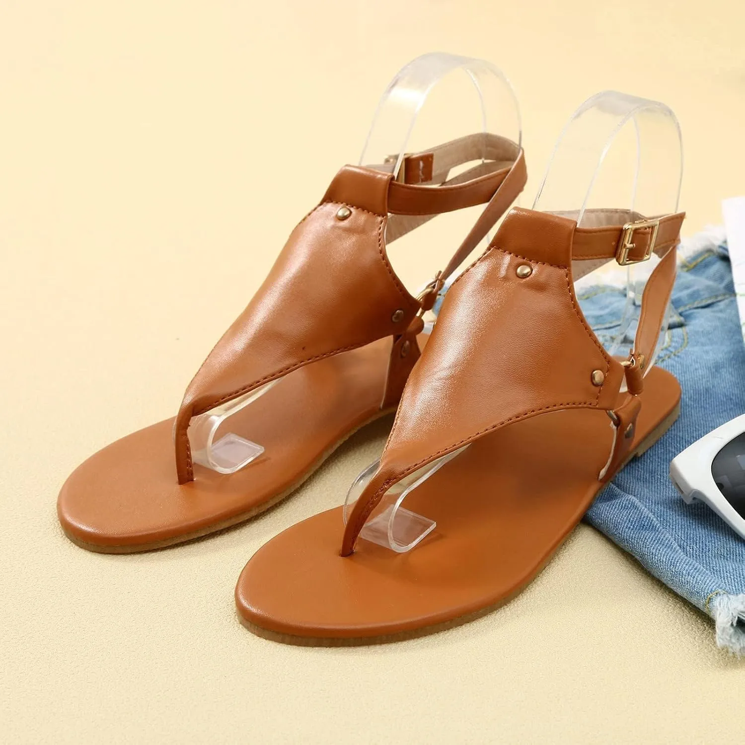 Flat Sandals for Women Roman Slide Slippers Comfortable Ankle Strap T-Strap Flip Flops Beach Outdoor Gladiator Shoes