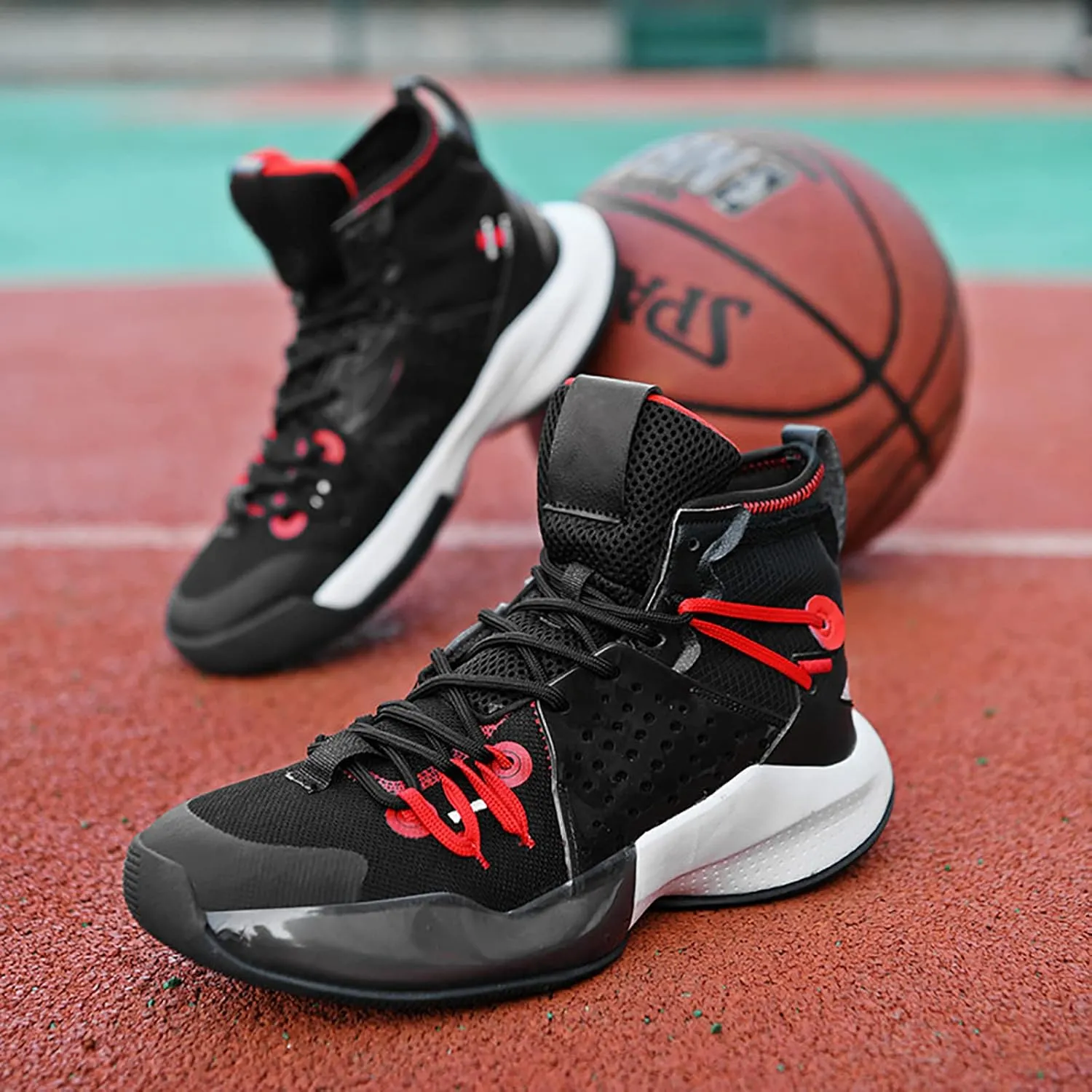 Men's Basketball Shoes, Fashionable high top Running Shoes(Black red,10)