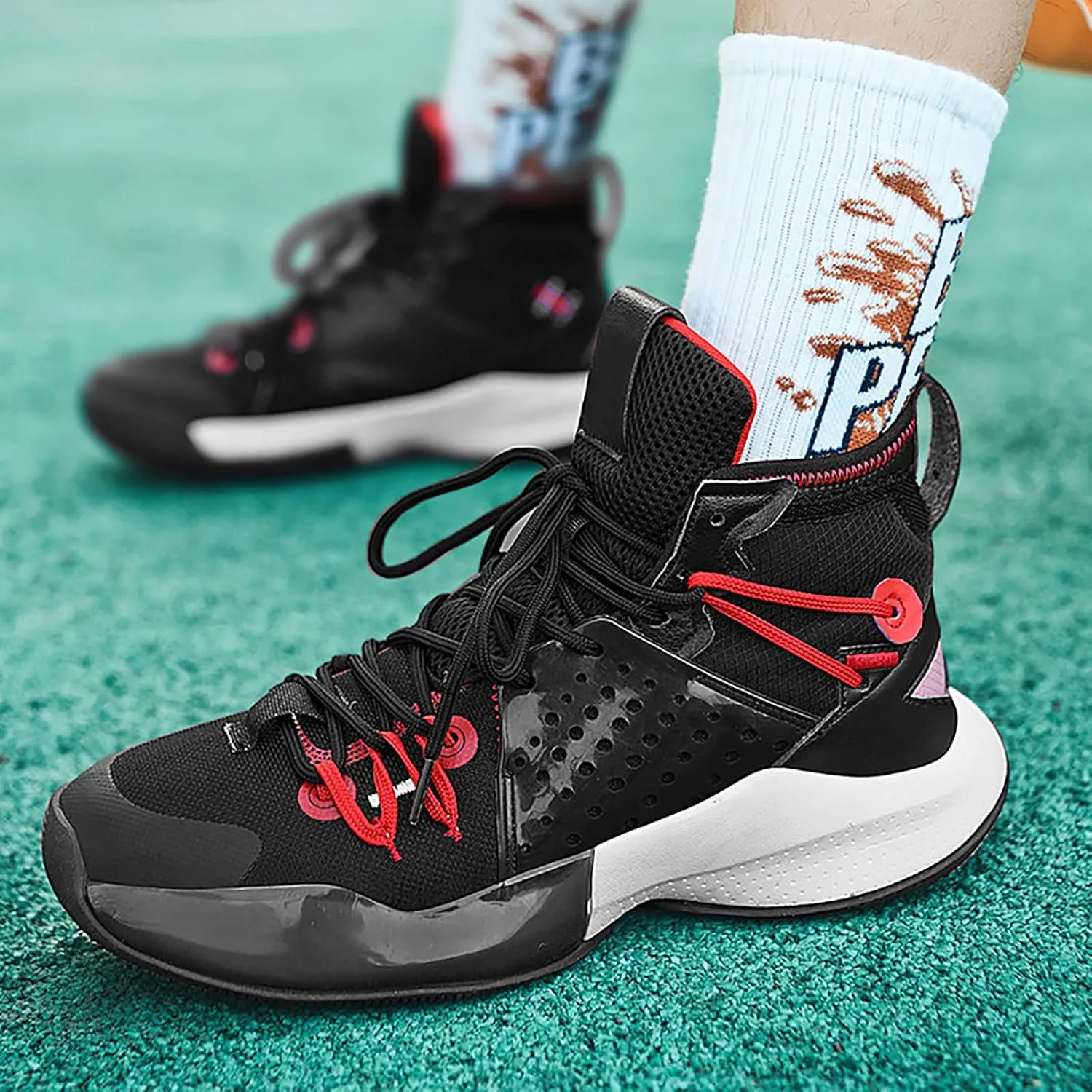 Men's Basketball Shoes, Fashionable high top Running Shoes(Black red,10)