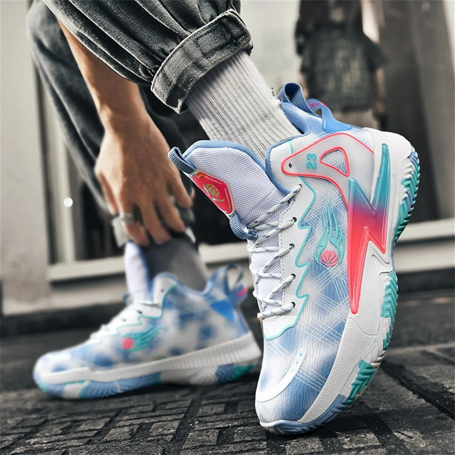Men's Breathable Mesh Lace Up Basketball Shoes Fashion High-Top Non-Slip Sneakers Casual Gym Sports Tennis Jogging Running Walking Shoes