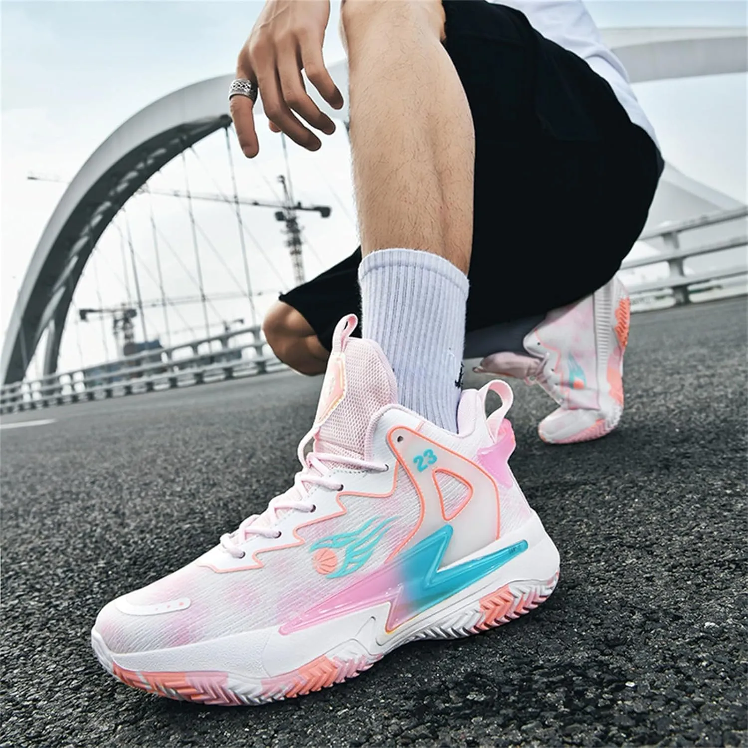 Men's Breathable Mesh Lace Up Basketball Shoes Fashion High-Top Non-Slip Sneakers Casual Gym Sports Tennis Jogging Running Walking Shoes