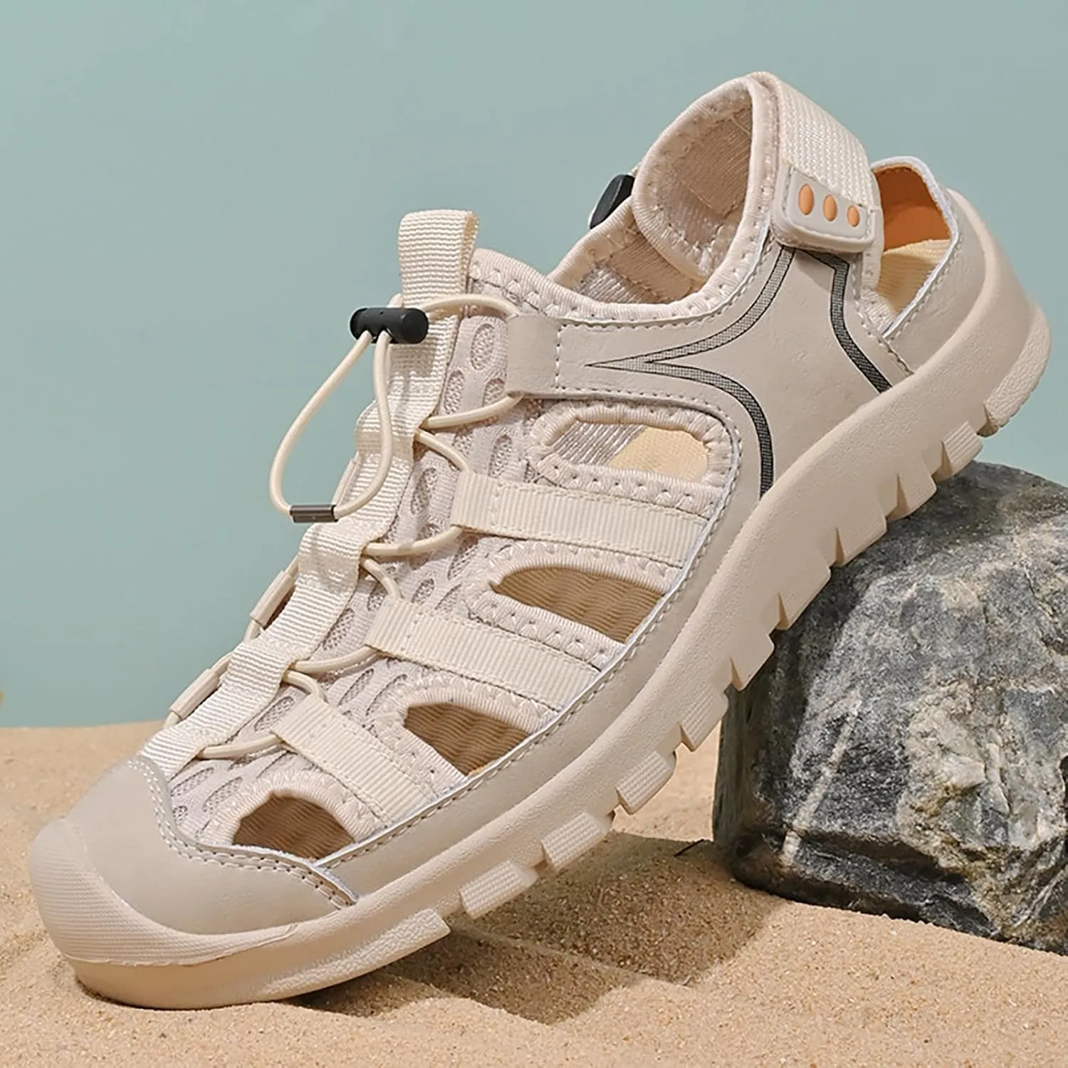 Men'S Mesh Cutout Anti-collision anti-skid hiking Sandals Lightweight Adjustable Lace Up Closed Toe Breathable Trail Sport Sandals Summer Casual Beach Wading Fisherman Sandals