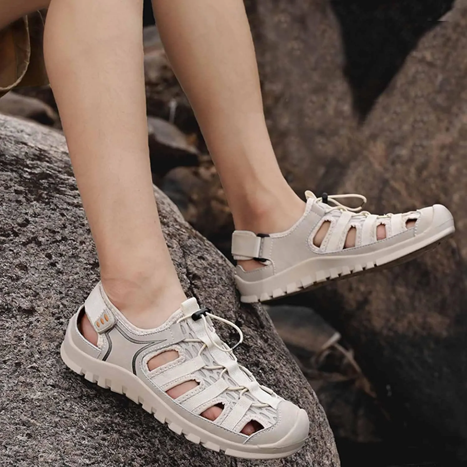 Men'S Mesh Cutout Anti-collision anti-skid hiking Sandals Lightweight Adjustable Lace Up Closed Toe Breathable Trail Sport Sandals Summer Casual Beach Wading Fisherman Sandals