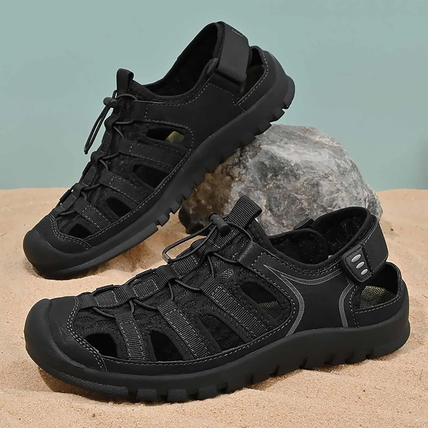 Men'S Mesh Cutout Anti-collision anti-skid hiking Sandals Lightweight Adjustable Lace Up Closed Toe Breathable Trail Sport Sandals Summer Casual Beach Wading Fisherman Sandals