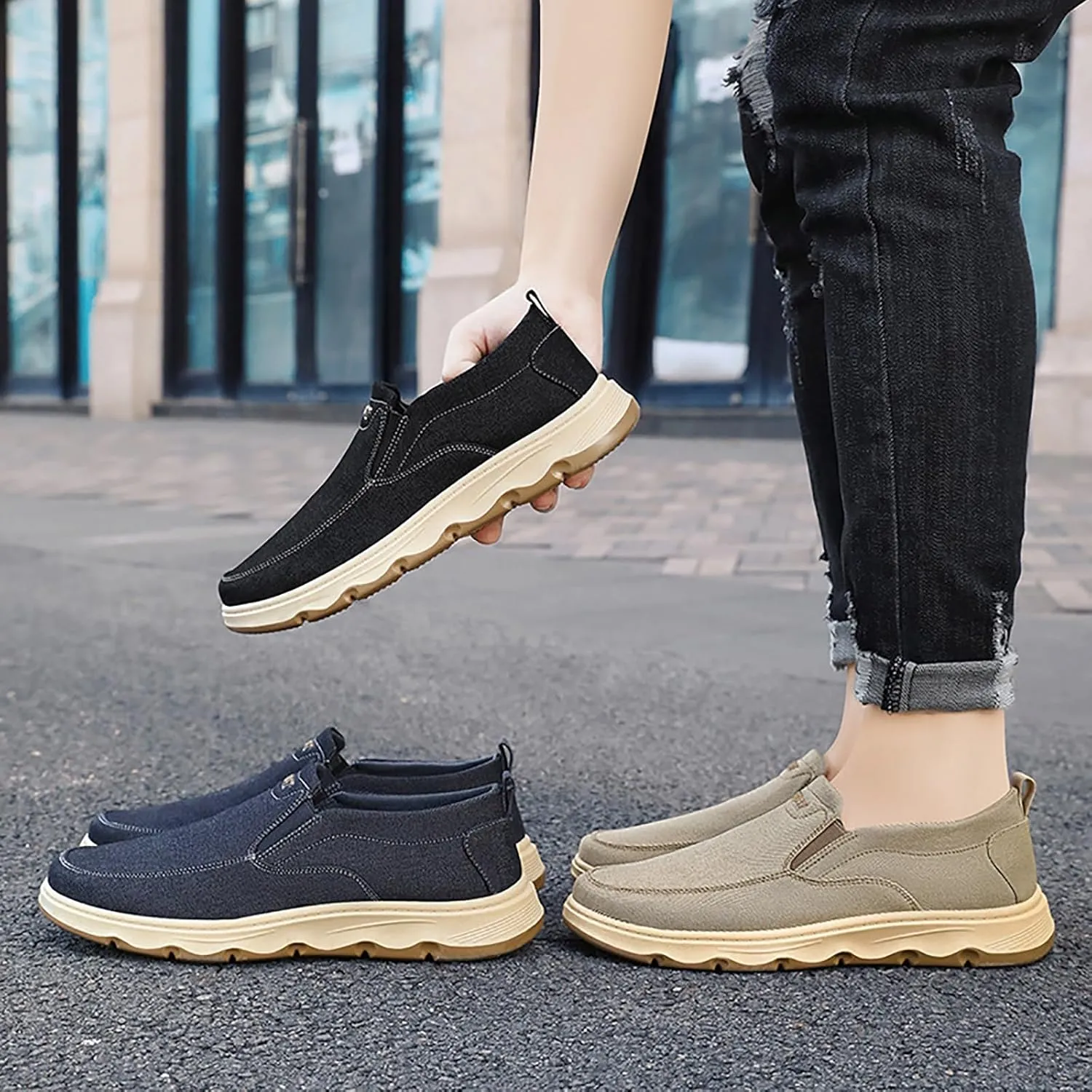 Men's Slip-On Canvas Walking Loafers,Comfortable Non Slip Orthopedic Flat Sneakers Outdoor Lightweight Casual Working Driving Boat Shoes