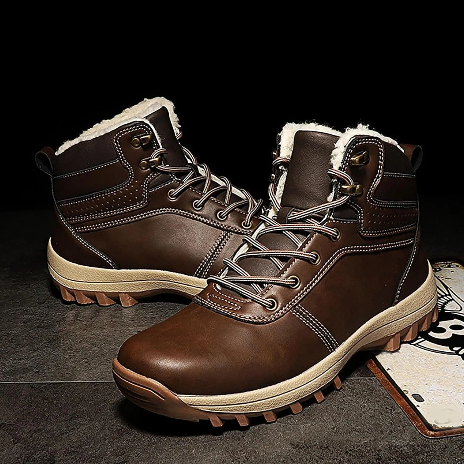 Mens Snow Boots Waterproof Warm Furry Lined Winter Boots Lace Up Cold-Weather Non-Slip Ankle Boots Slip on Athletic Lightweight Hiking Shoes