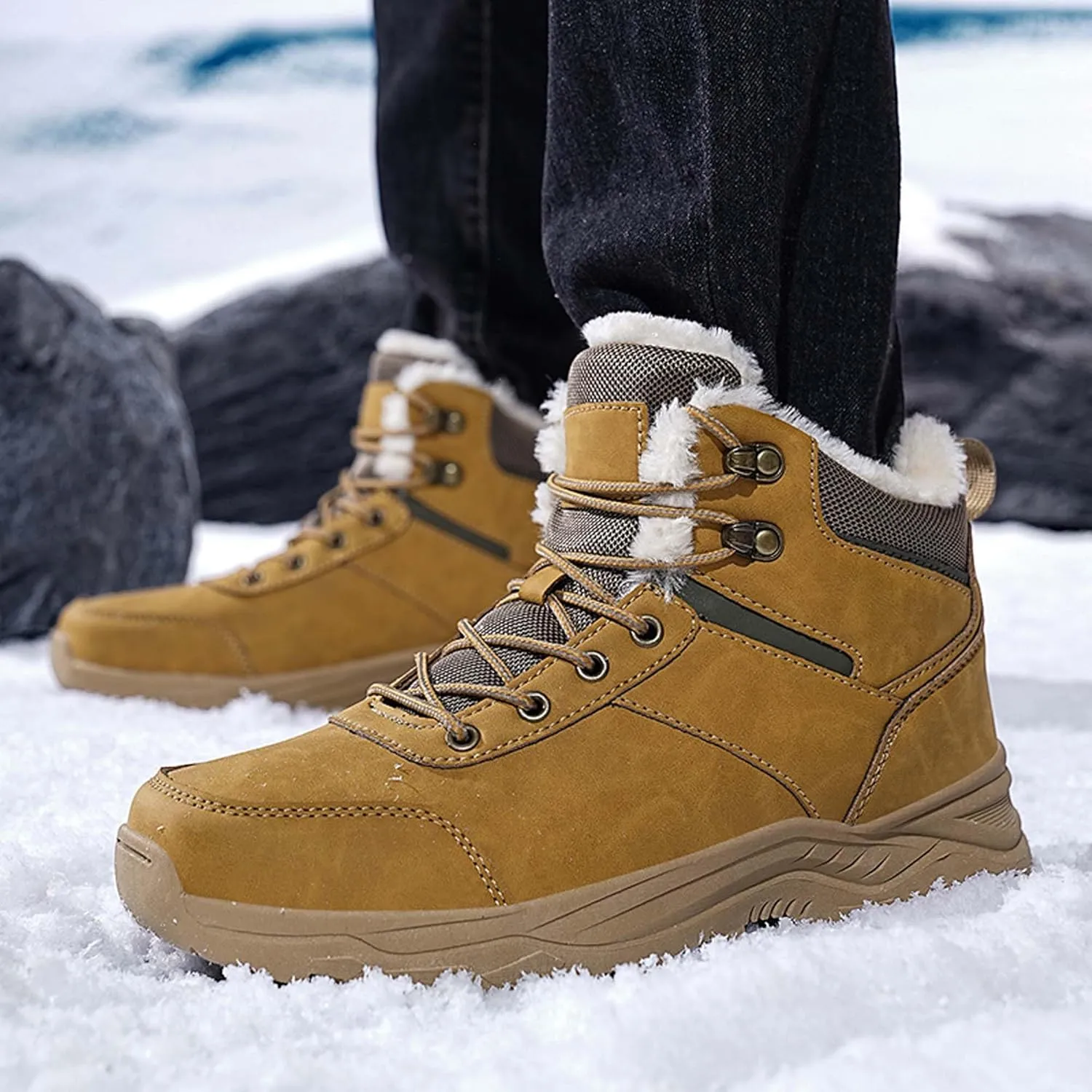 Men's Snow Boots Winter Warm Hiking Ankle Boots Outdoor Non-Slip Hiking Boots Fur Lined Warm Casual Winter Work Boots-Men's Large Size-6-14 US Size