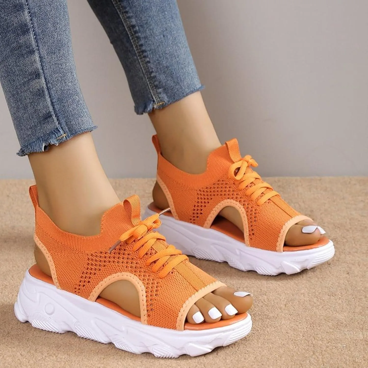 Orthopedic Wedge Sandals for Women Casual Breathable Mesh Hollow Out Open Toe Beach Shoes Lightweight Platform Ankle Strap Comfortable Outdoor Shoes Sandals