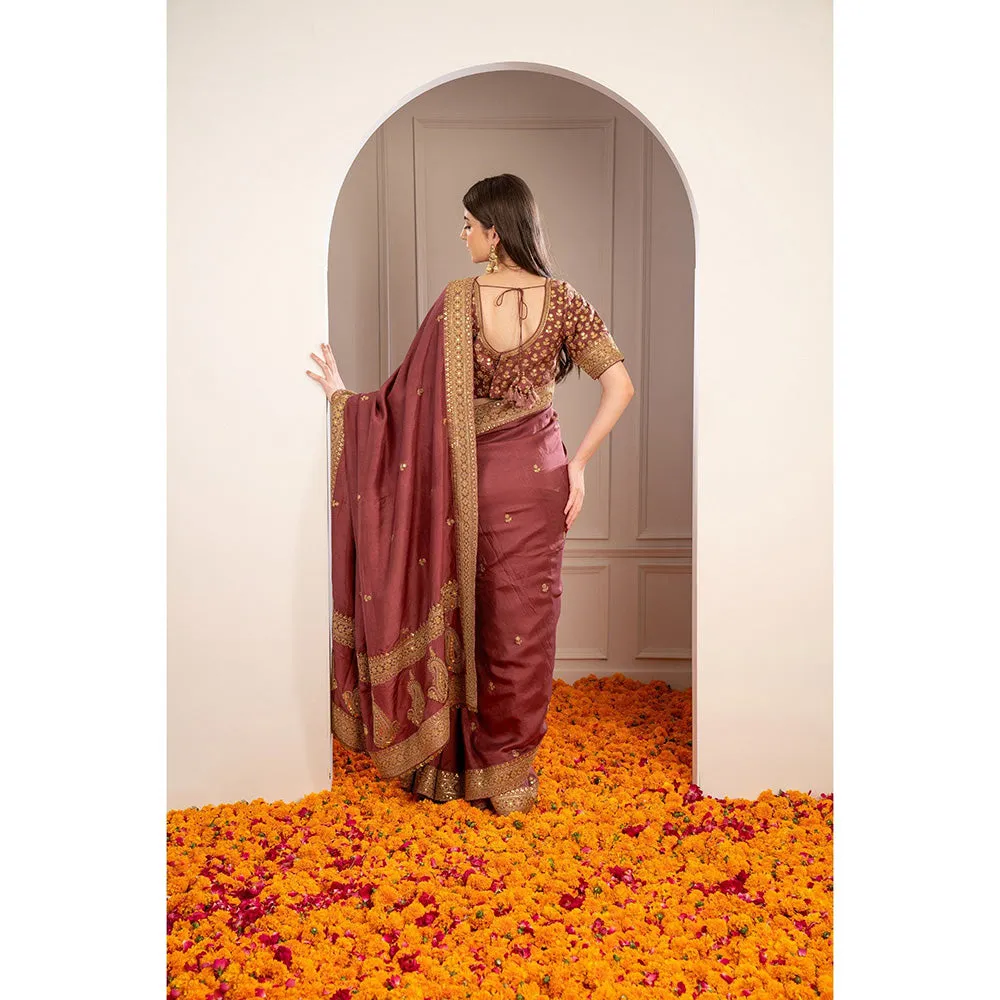 RIYAASAT Brick Red Soft Silk Pita Work Saree with Stitched Blouse