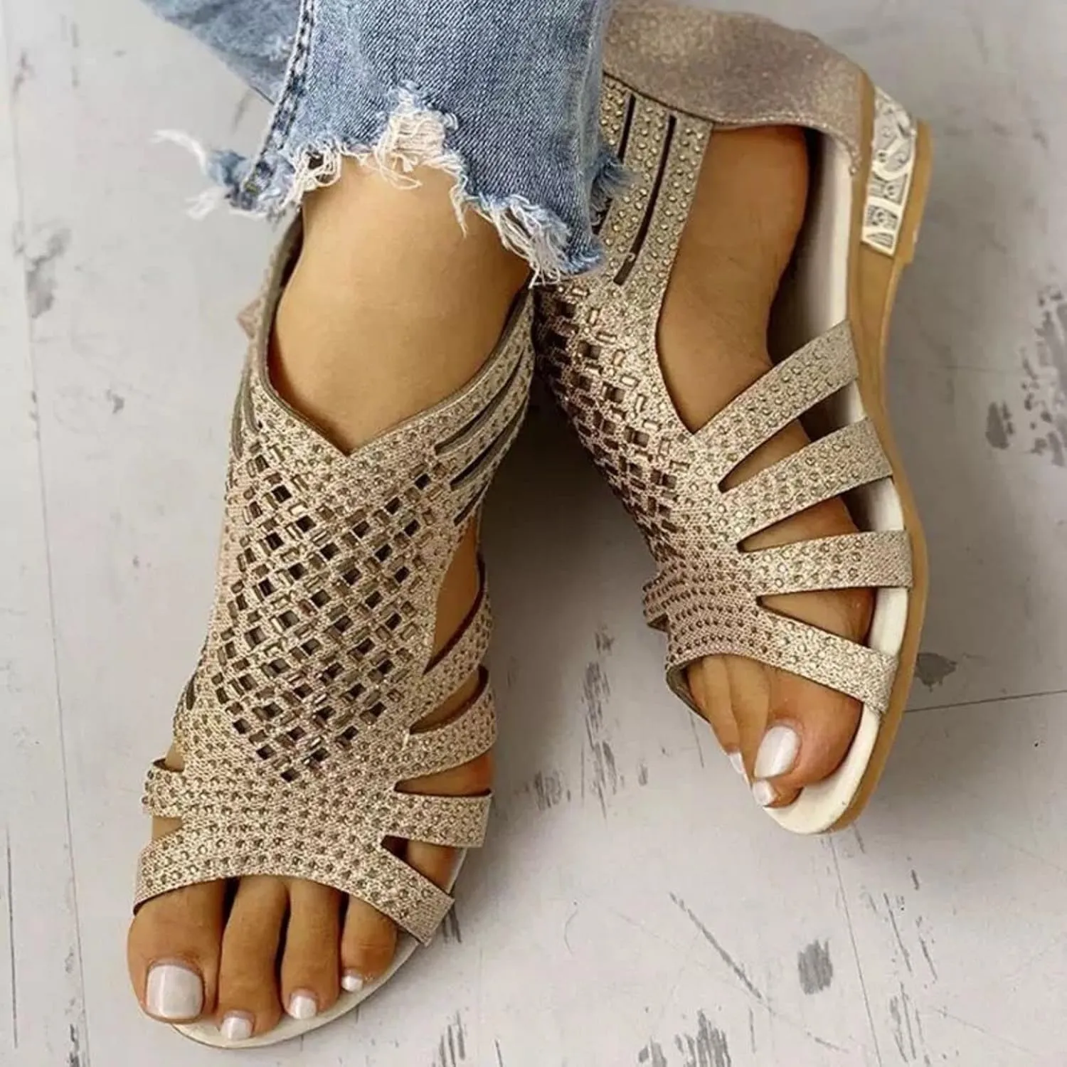 Sandals for Women 2025 Comfortable Rhinestones Sparkly Open Toe Shoes Low Heel Wedge Non-Slip Shoes Zipper Back Gladiator Sandals