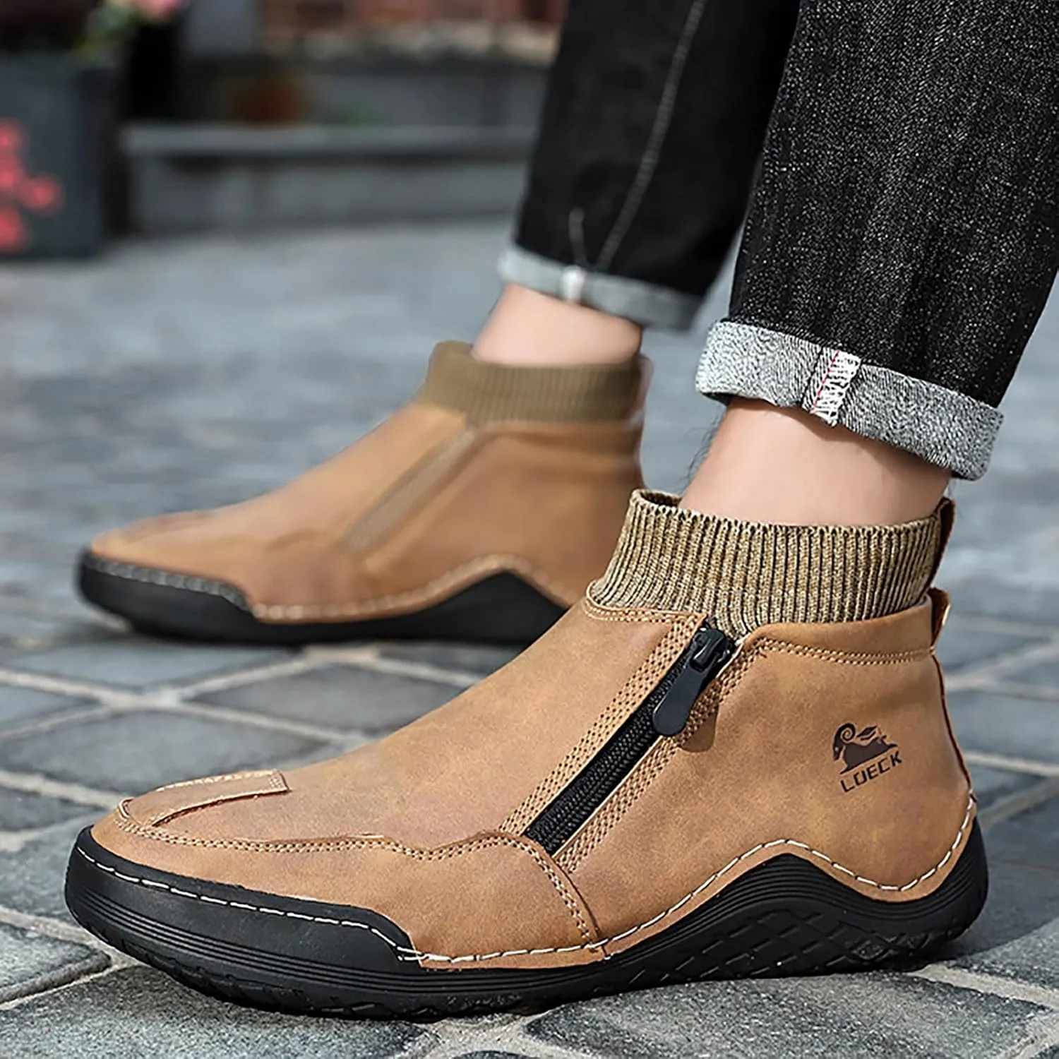 Snow Boots for Men Waterproof Warm Furry Lined Knit Calf Winter Boots Zipper Cold Weather Anti-Slip Ankle Boots Comfortable Slip on Lightweight Hiking Shoes