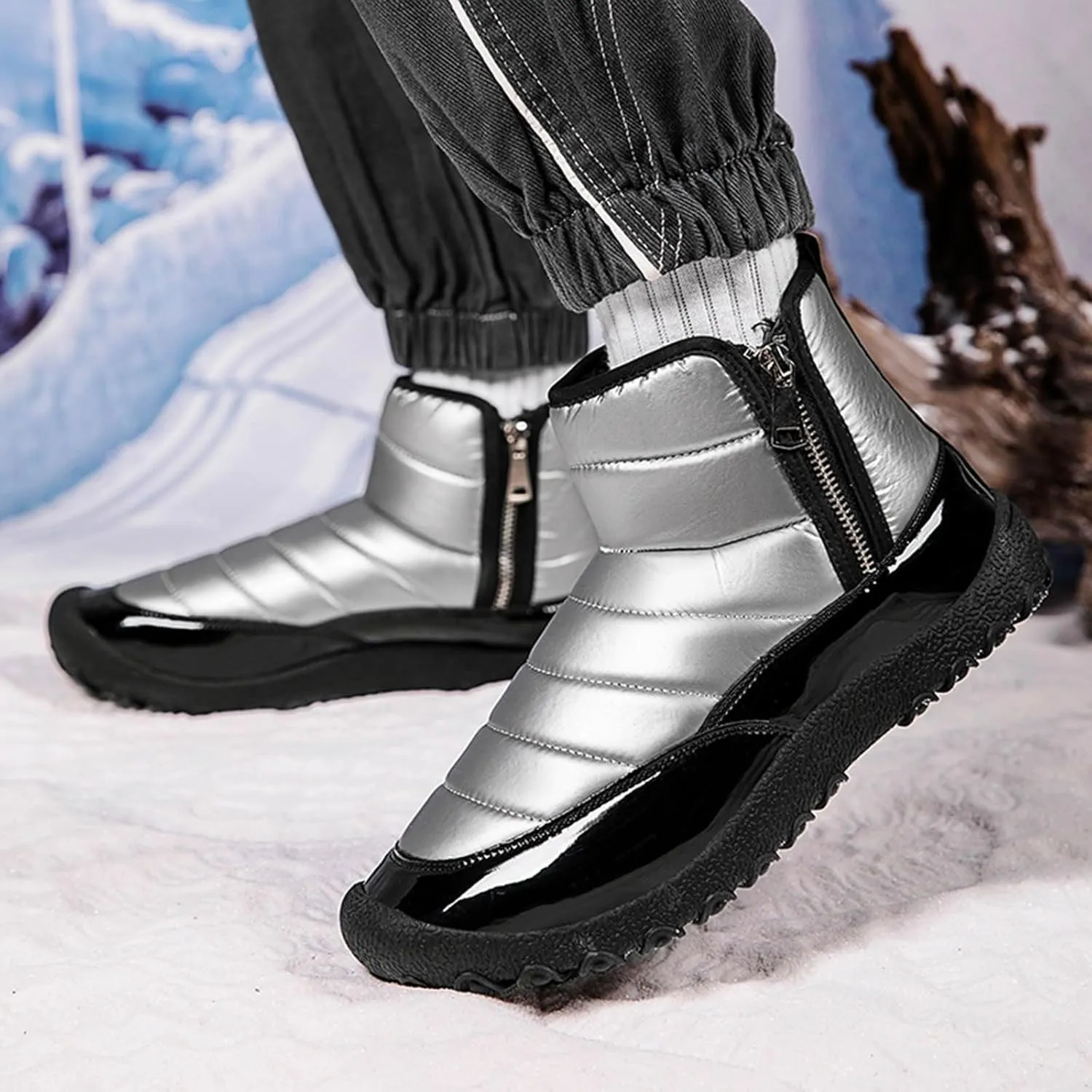 Snow Boots for Men Waterproof Warm Furry Lined Winter Boots Side Zipper Cold-Weather Non-Slip Ankle Boots Comfortable Slip on Hiking Walking Shoes Sneakers