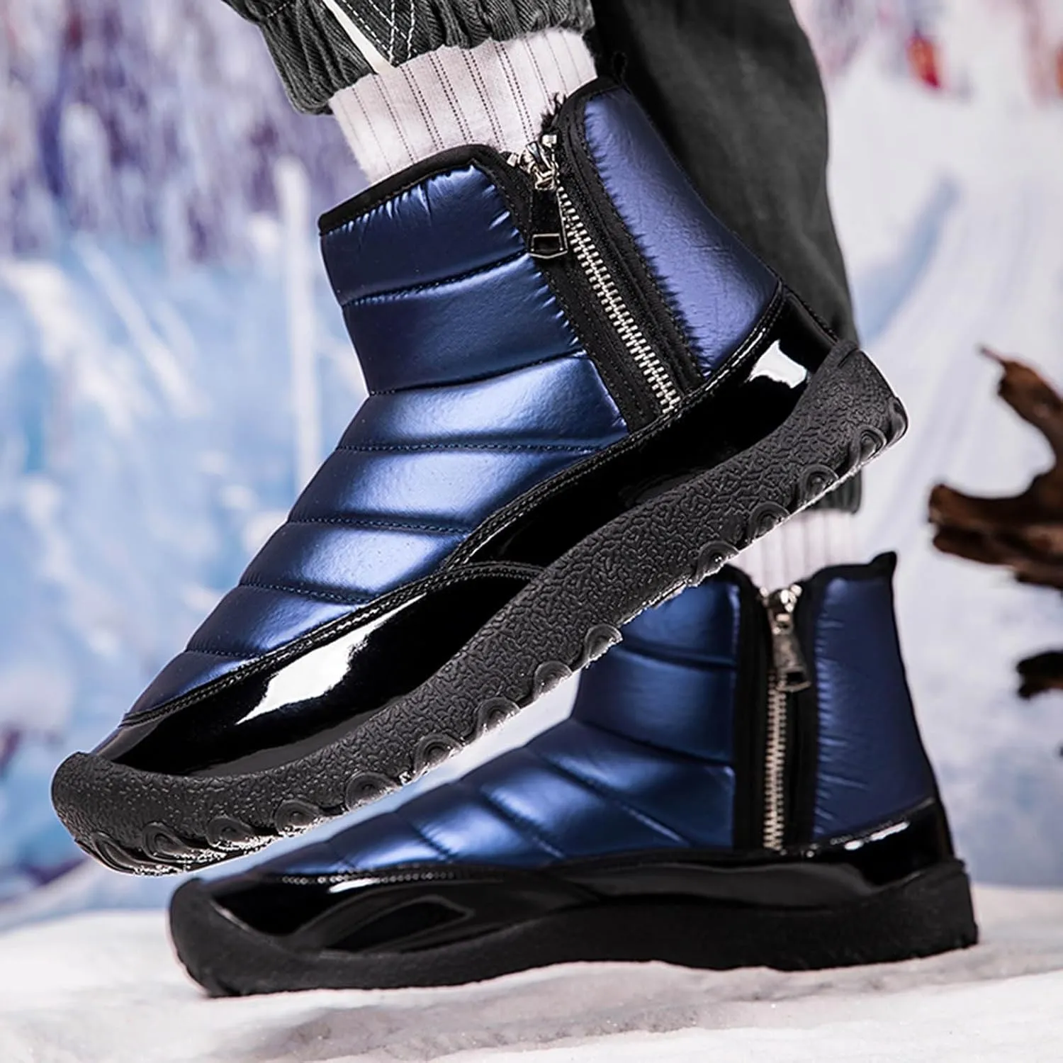 Snow Boots for Men Waterproof Warm Furry Lined Winter Boots Side Zipper Cold-Weather Non-Slip Ankle Boots Comfortable Slip on Hiking Walking Shoes Sneakers