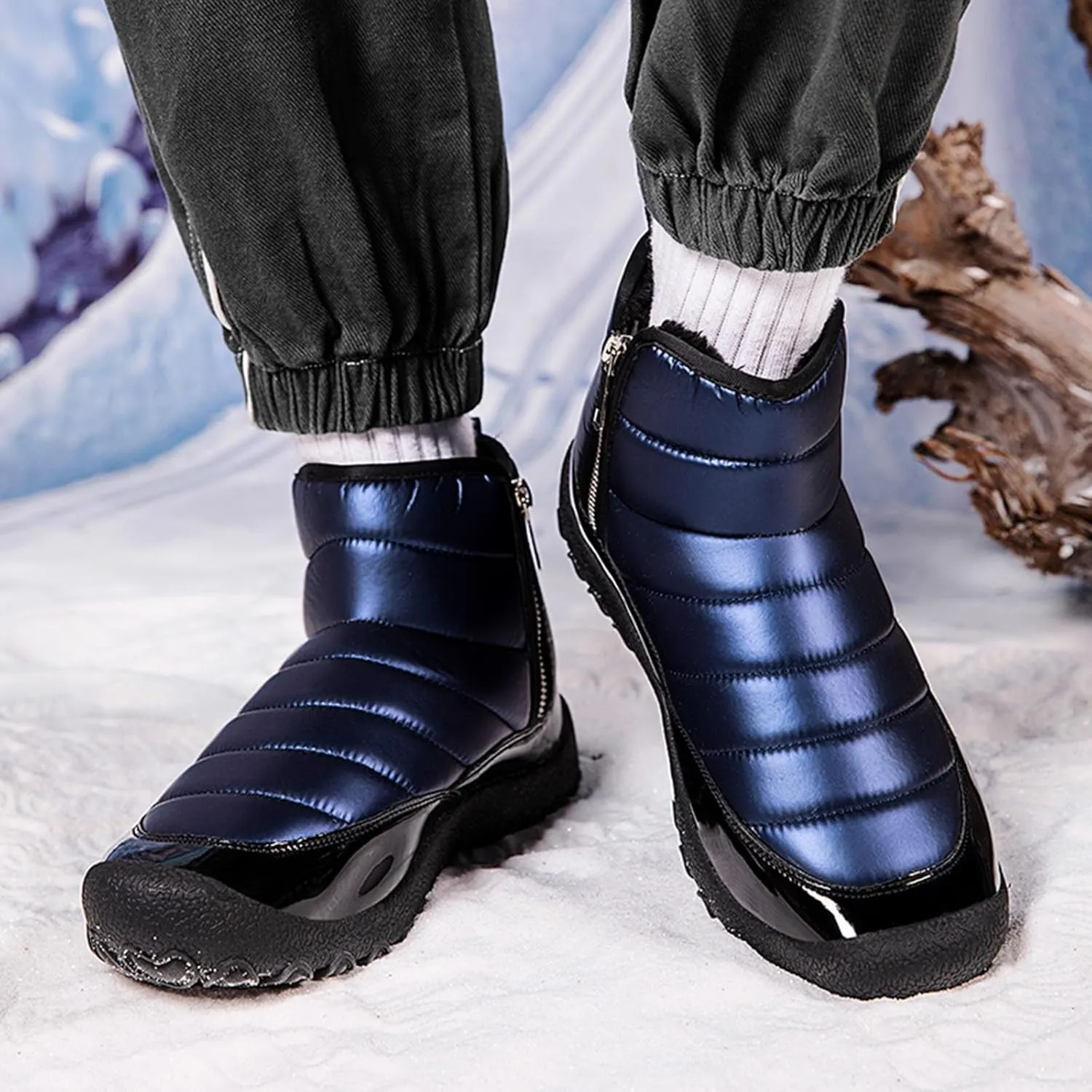 Snow Boots for Men Waterproof Warm Furry Lined Winter Boots Side Zipper Cold-Weather Non-Slip Ankle Boots Comfortable Slip on Hiking Walking Shoes Sneakers