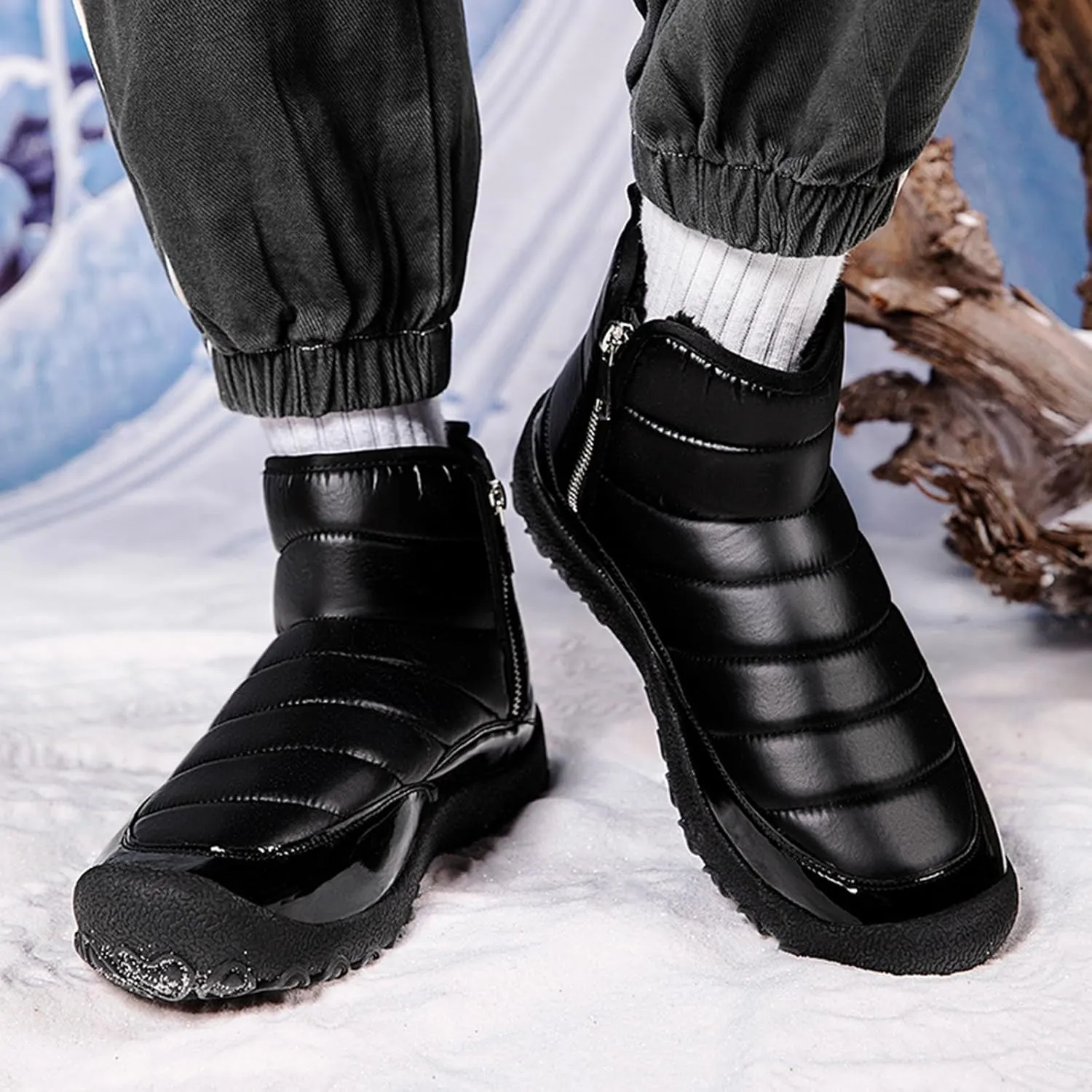 Snow Boots for Men Waterproof Warm Furry Lined Winter Boots Side Zipper Cold-Weather Non-Slip Ankle Boots Comfortable Slip on Hiking Walking Shoes Sneakers