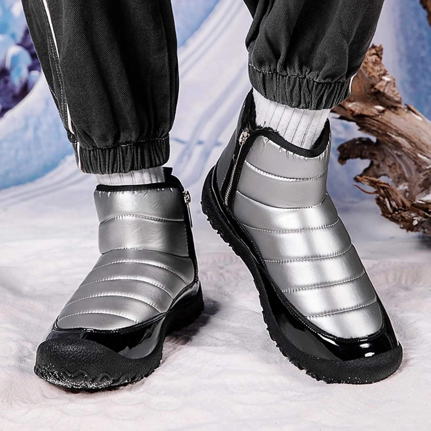 Snow Boots for Men Waterproof Warm Furry Lined Winter Boots Side Zipper Cold-Weather Non-Slip Ankle Boots Comfortable Slip on Hiking Walking Shoes Sneakers