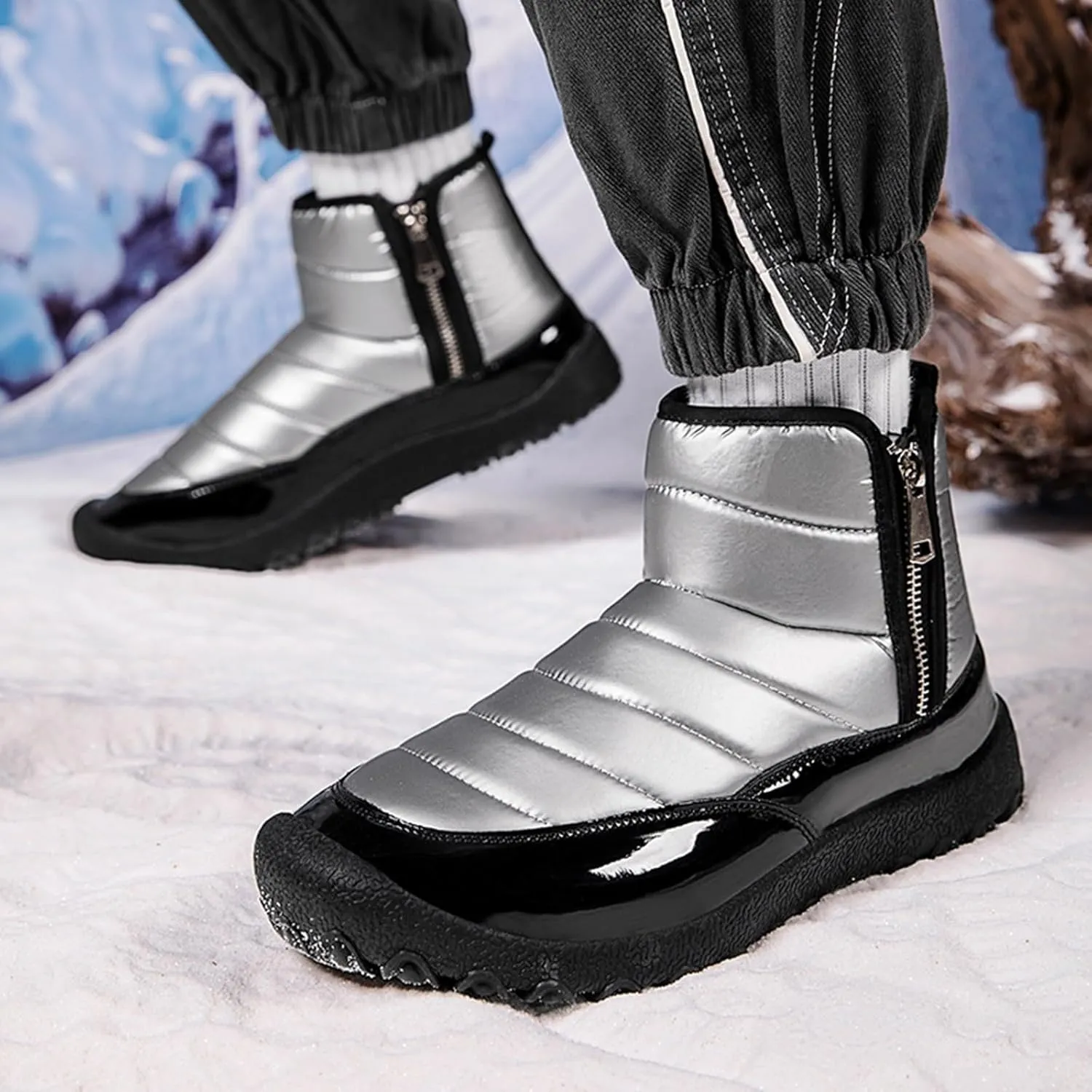 Snow Boots for Men Waterproof Warm Furry Lined Winter Boots Side Zipper Cold-Weather Non-Slip Ankle Boots Comfortable Slip on Hiking Walking Shoes Sneakers