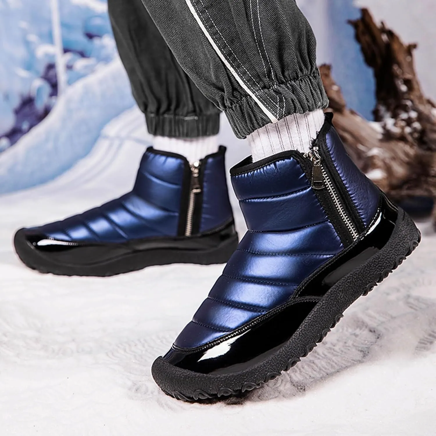 Snow Boots for Men Waterproof Warm Furry Lined Winter Boots Side Zipper Cold-Weather Non-Slip Ankle Boots Comfortable Slip on Hiking Walking Shoes Sneakers