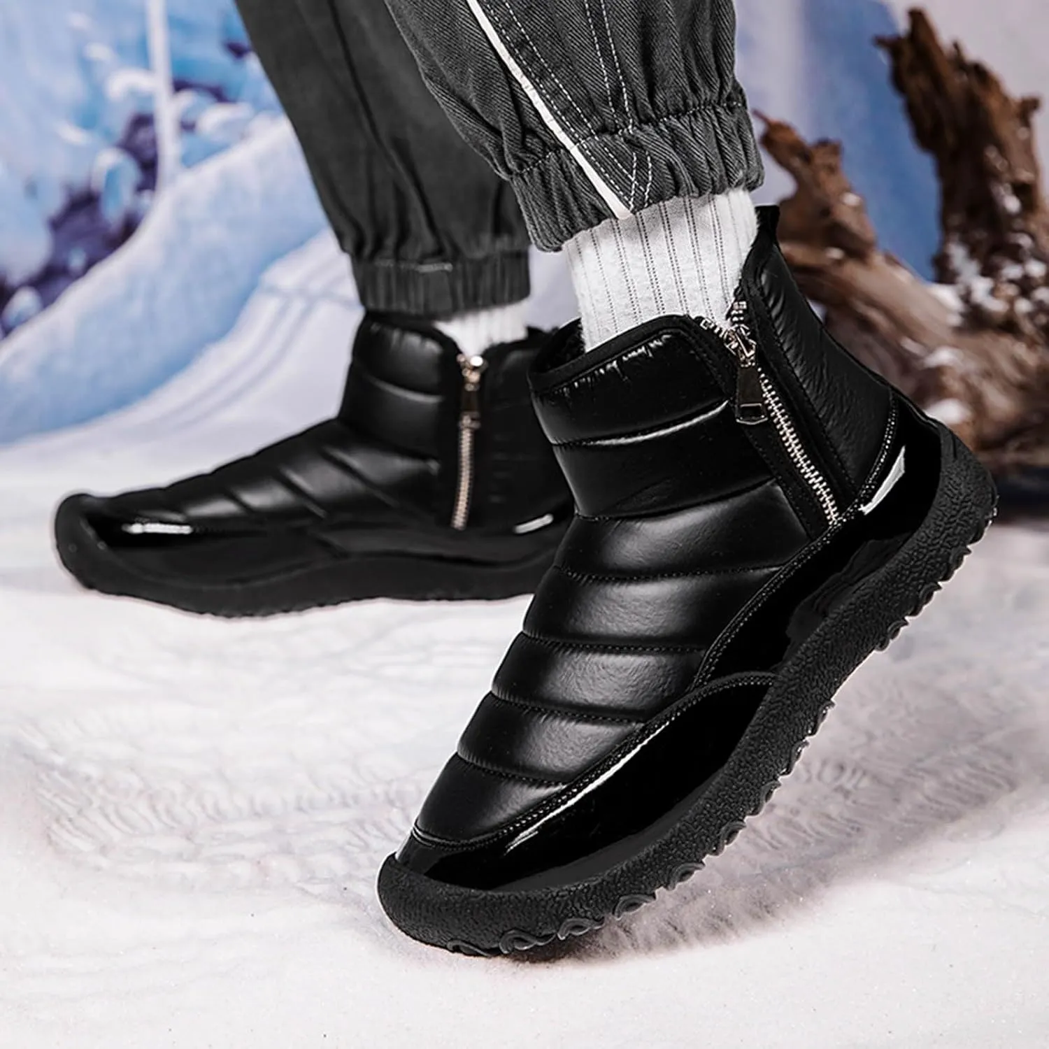 Snow Boots for Men Waterproof Warm Furry Lined Winter Boots Side Zipper Cold-Weather Non-Slip Ankle Boots Comfortable Slip on Hiking Walking Shoes Sneakers