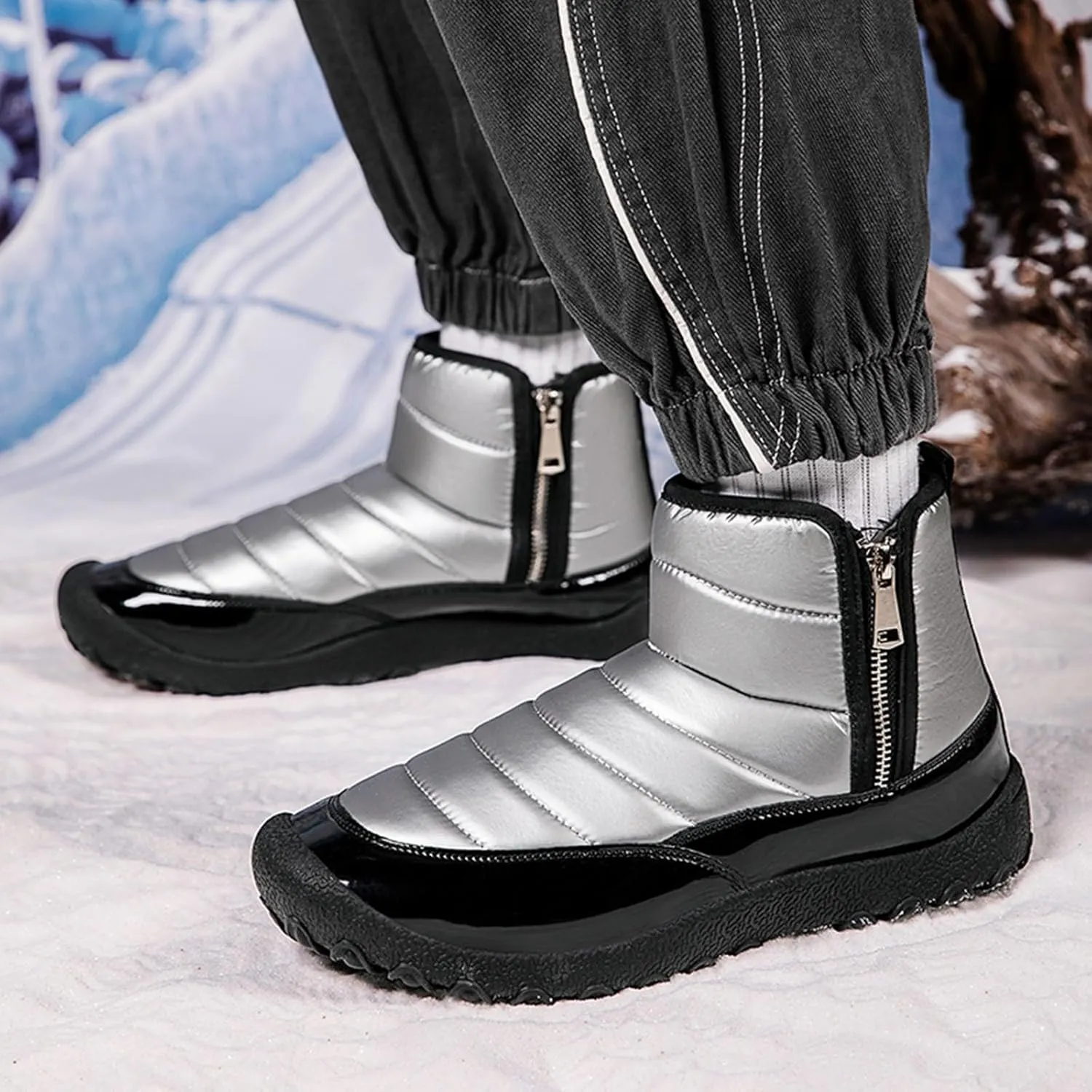Snow Boots for Men Waterproof Warm Furry Lined Winter Boots Side Zipper Cold-Weather Non-Slip Ankle Boots Comfortable Slip on Hiking Walking Shoes Sneakers