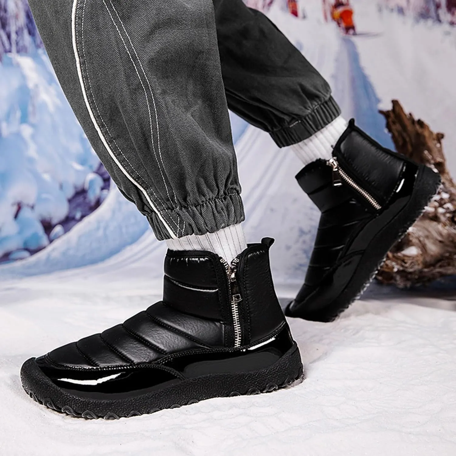 Snow Boots for Men Waterproof Warm Furry Lined Winter Boots Side Zipper Cold-Weather Non-Slip Ankle Boots Comfortable Slip on Hiking Walking Shoes Sneakers