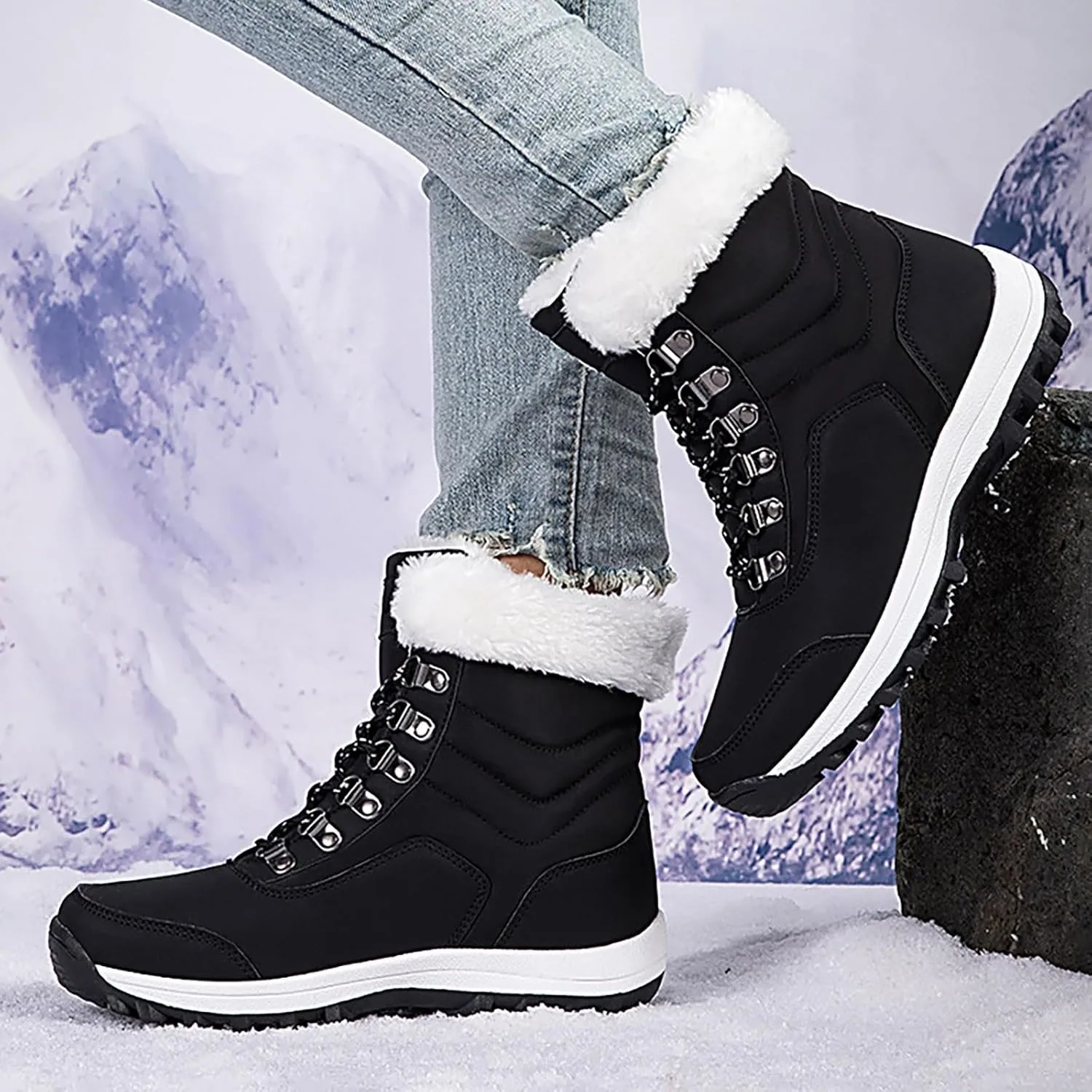 Snow Boots for Women Warm Winter Boots Lace Up Ankle Boots Waterproof Mid Calf Boots for Walking Hiking