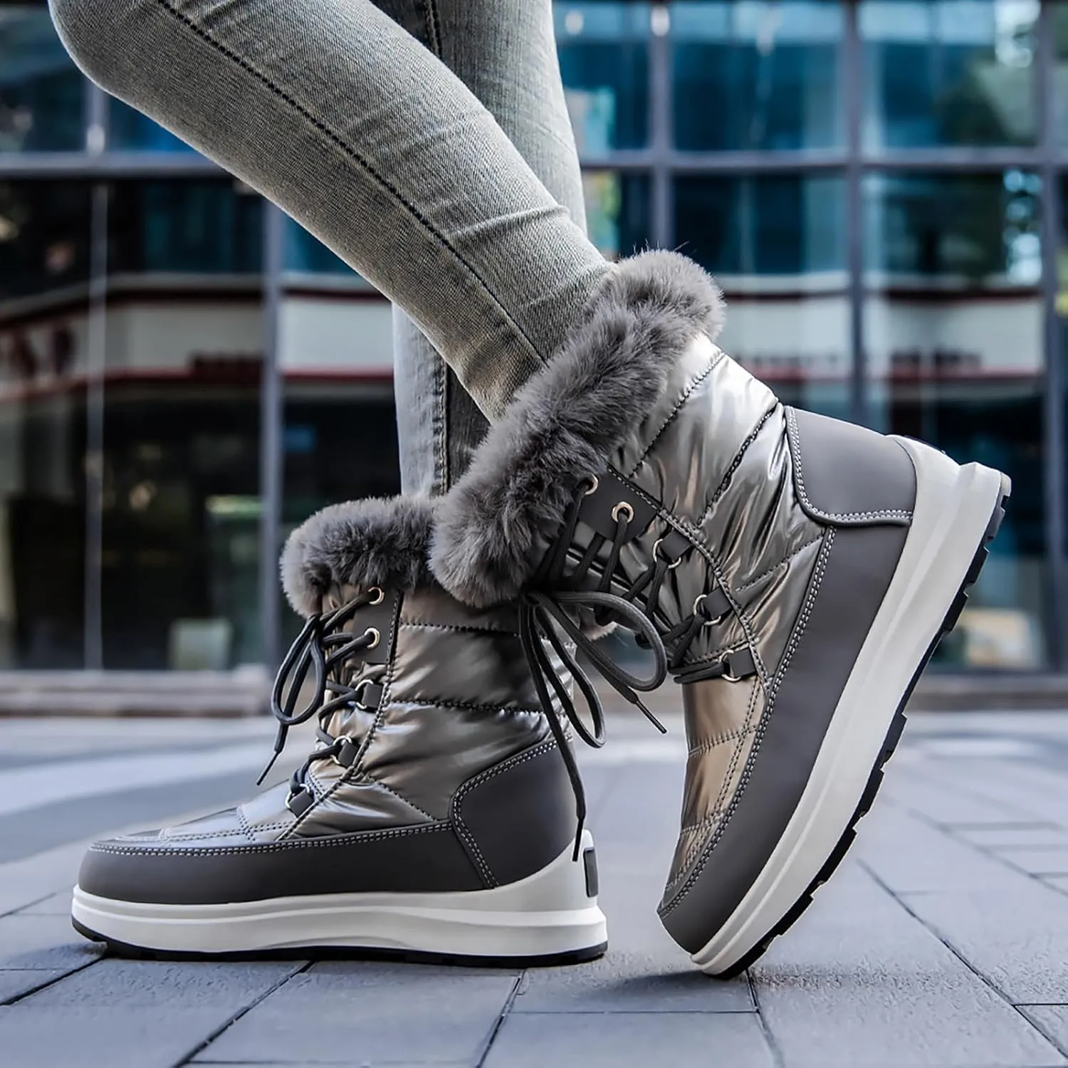 Snow Boots for Women Waterproof Anti-slip Winter Boots Classic Fuzzy Fur Booties Lightweight Slip on Ankle Boots Ladies Walking Hiking Booties