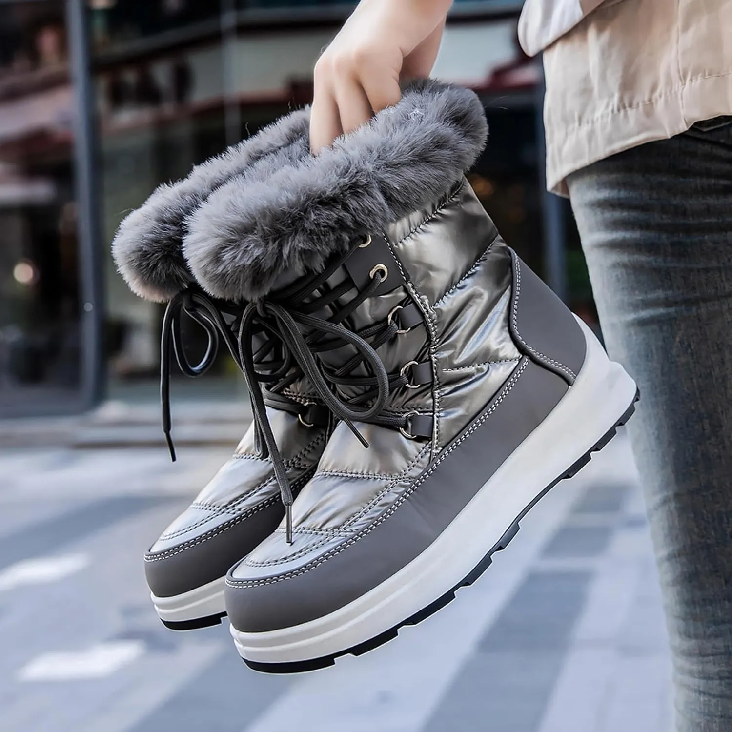 Snow Boots for Women Waterproof Anti-slip Winter Boots Classic Fuzzy Fur Booties Lightweight Slip on Ankle Boots Ladies Walking Hiking Booties