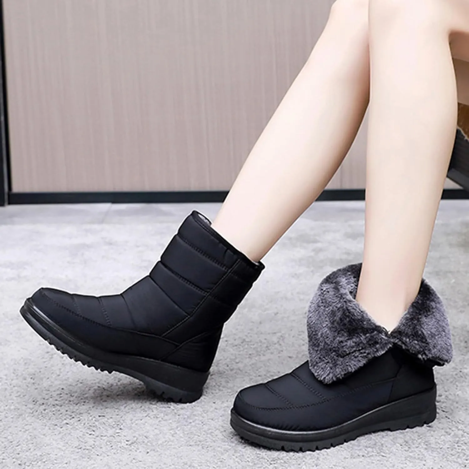 Snow Boots for Women Waterproof Mid Calf Winter Boots Warm Fur Lined Booties Slip on Outdoor Ankle Boots Lace Up Ladies Lightweight Walking Hiking Boots