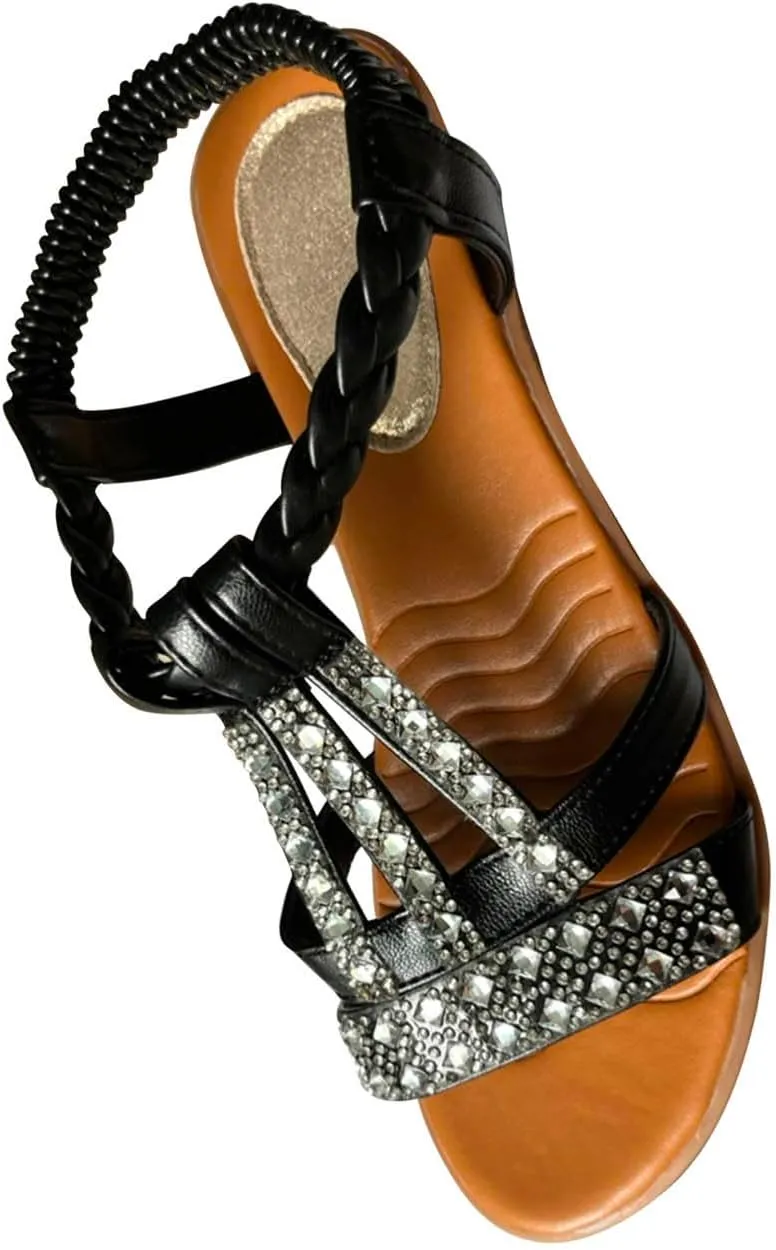 Womens Dress Sandals Fashion Gladiator Sandals Rhinestone Flats Comfy Elastic Shoes Summer Party Vacation Casual Style