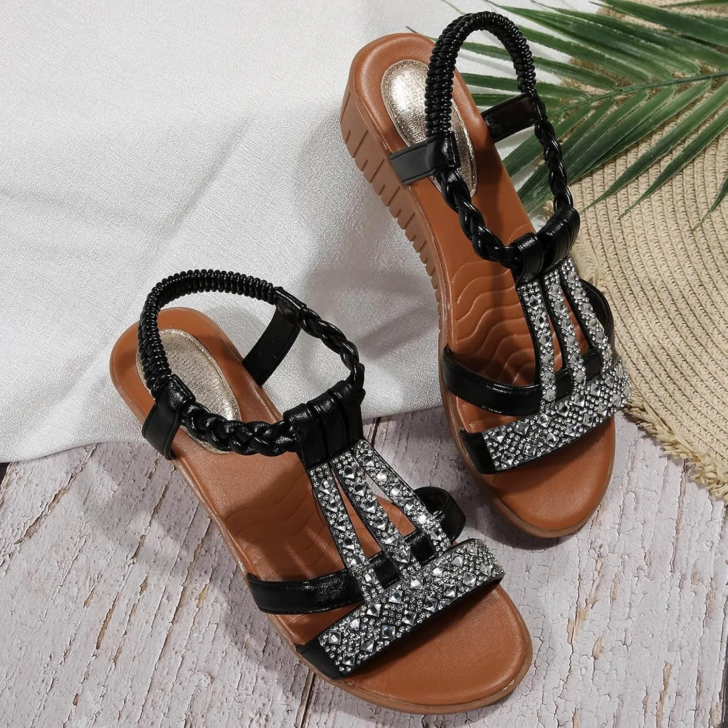 Womens Dress Sandals Fashion Gladiator Sandals Rhinestone Flats Comfy Elastic Shoes Summer Party Vacation Casual Style