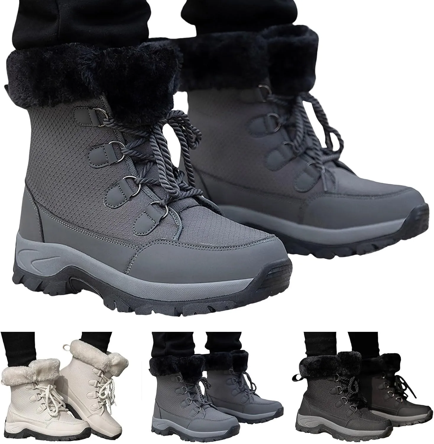 Womens Snow Boots Waterproof Winter Boots Lace Up Anti-slip Warm Fur Booties Winter Warm Outdoor Ankle Boots Thickening Winter Shoes Walking Hiking Boots