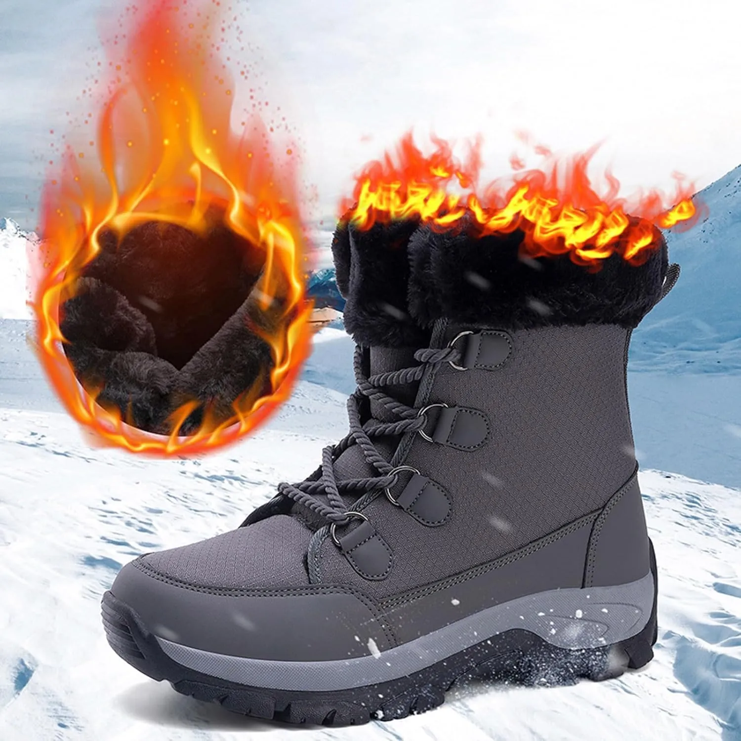 Womens Snow Boots Waterproof Winter Boots Lace Up Anti-slip Warm Fur Booties Winter Warm Outdoor Ankle Boots Thickening Winter Shoes Walking Hiking Boots