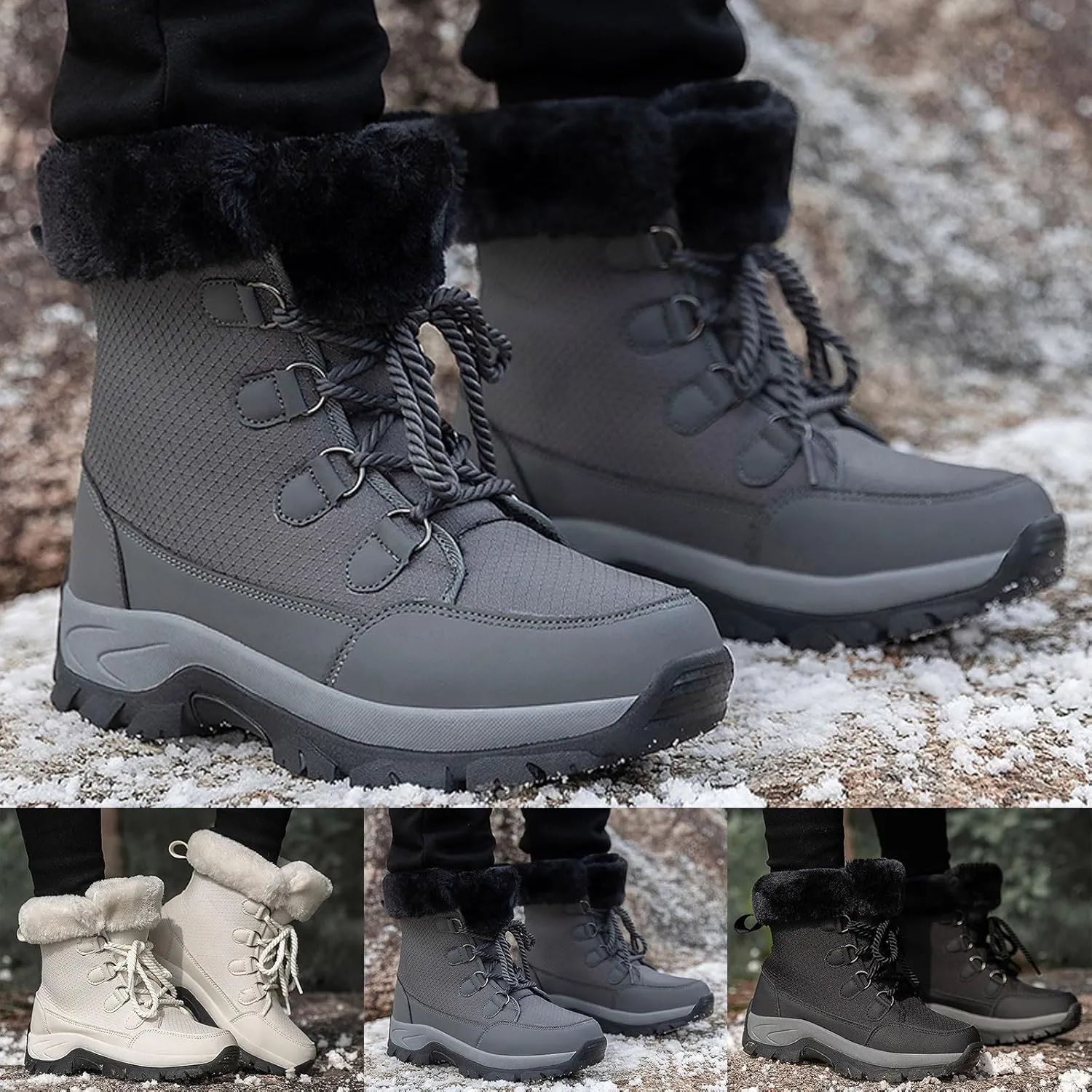 Womens Snow Boots Waterproof Winter Boots Lace Up Anti-slip Warm Fur Booties Winter Warm Outdoor Ankle Boots Thickening Winter Shoes Walking Hiking Boots