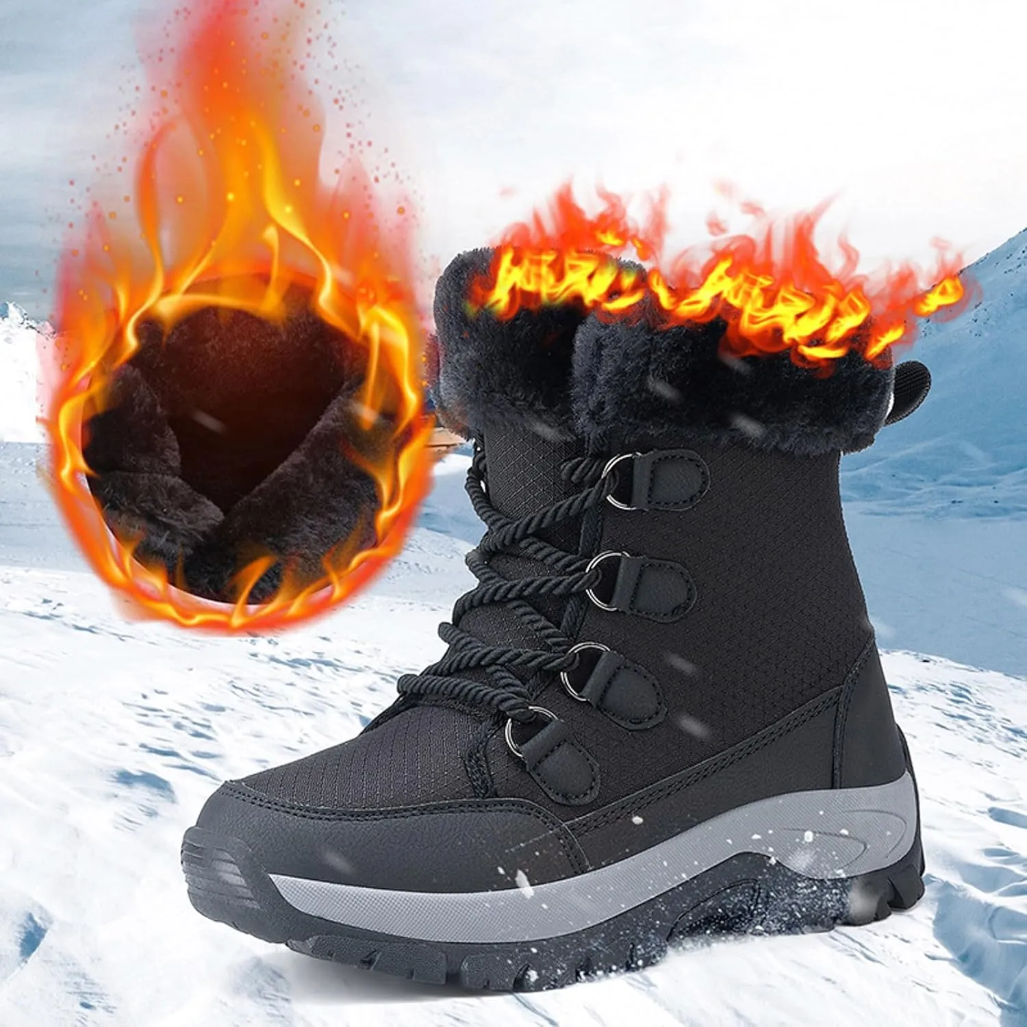Womens Snow Boots Waterproof Winter Boots Lace Up Anti-slip Warm Fur Booties Winter Warm Outdoor Ankle Boots Thickening Winter Shoes Walking Hiking Boots