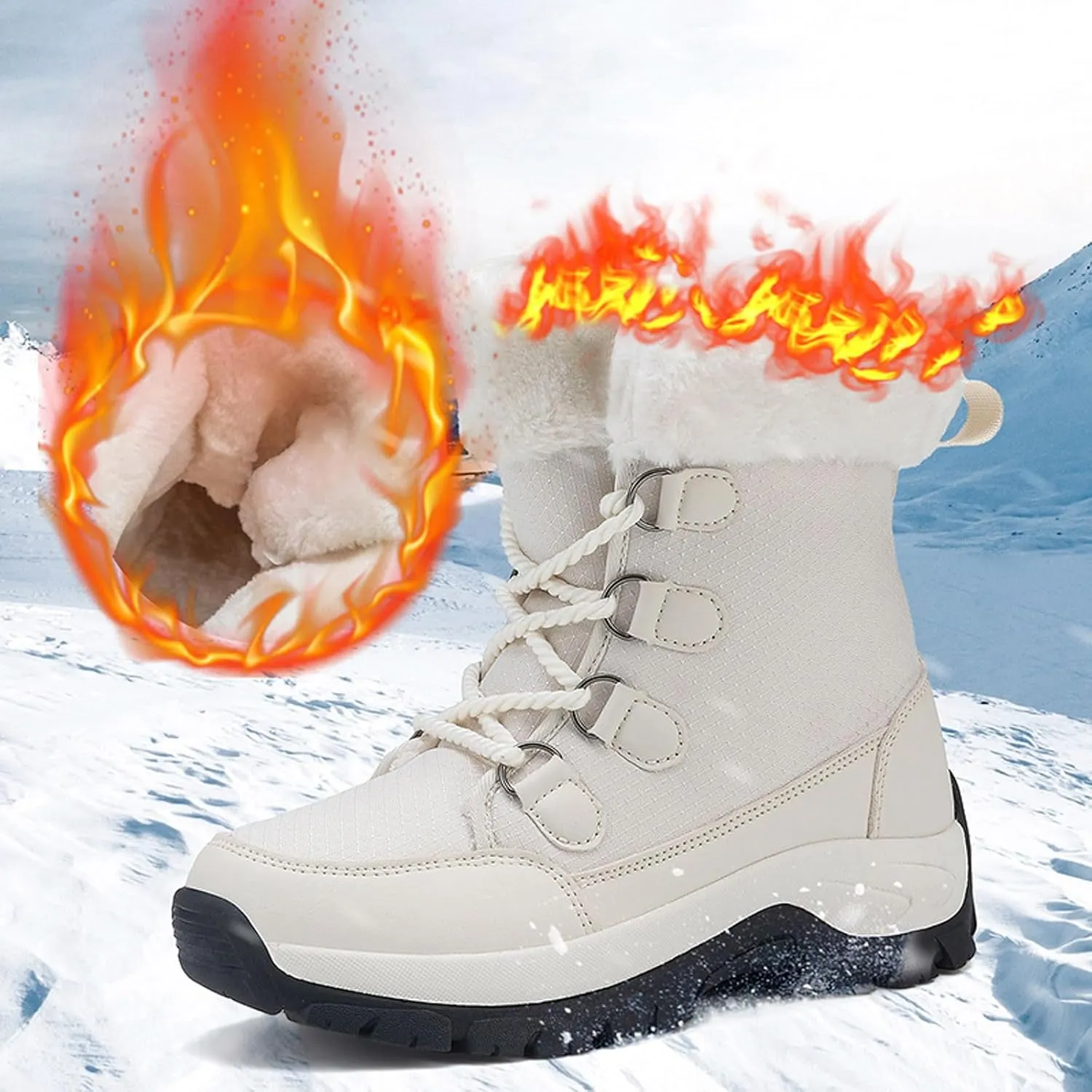Womens Snow Boots Waterproof Winter Boots Lace Up Anti-slip Warm Fur Booties Winter Warm Outdoor Ankle Boots Thickening Winter Shoes Walking Hiking Boots