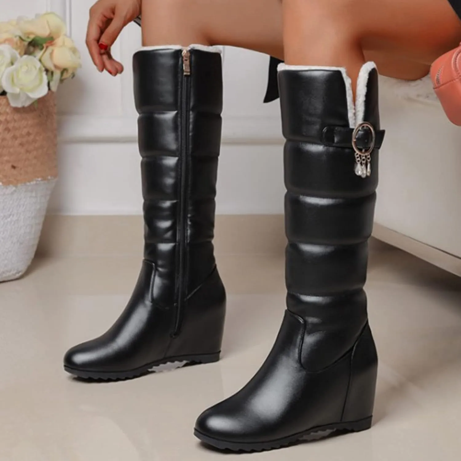 Womens Snow Boots Waterproof Winter Boots Non Slip Fuzzy Fur Booties Winter Warm Outdoor Ankle Boots Ladies Walking Hiking Booties