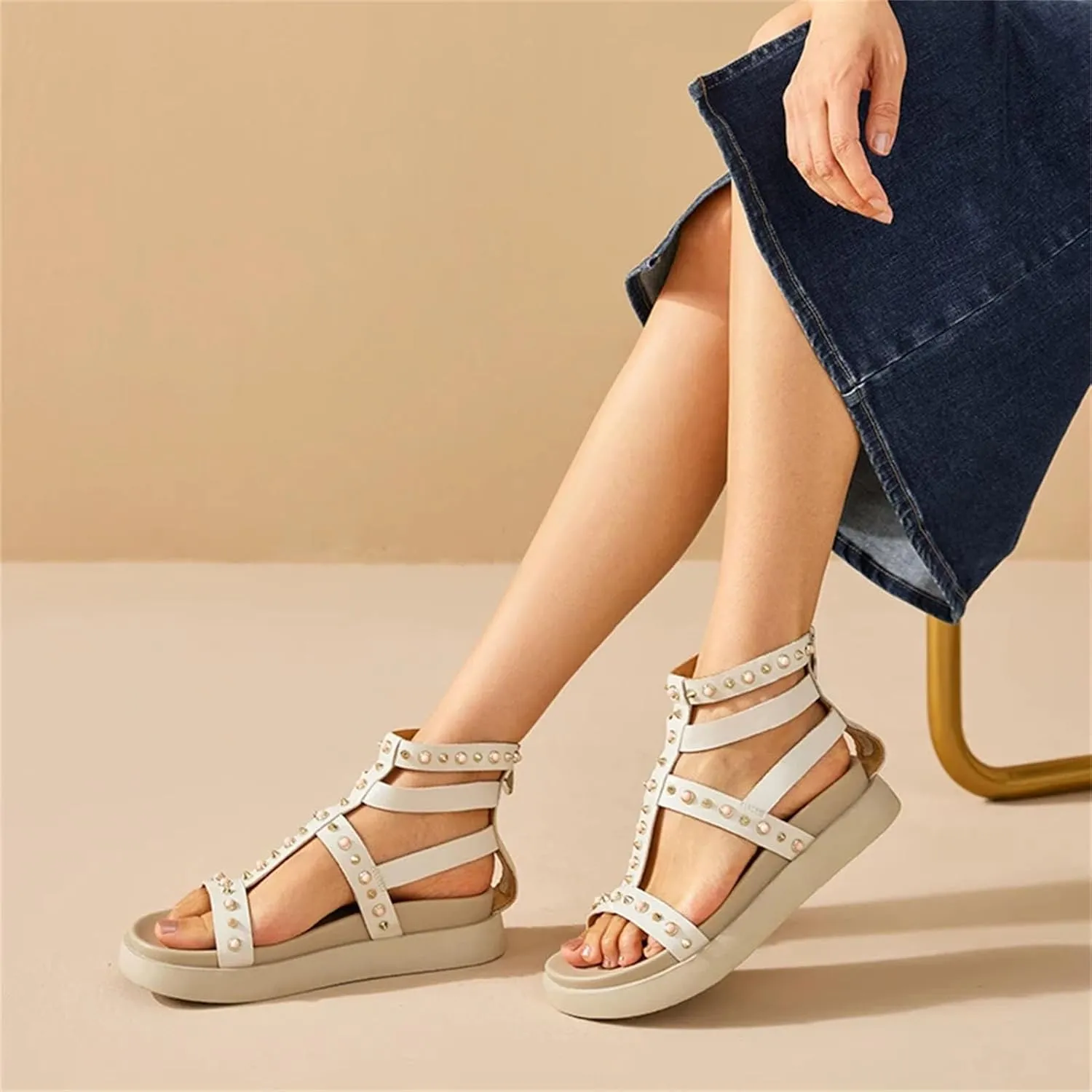 Women's Zipper Gladiator Sandals - Metal Decor Open Toe Platform Summer Shoes