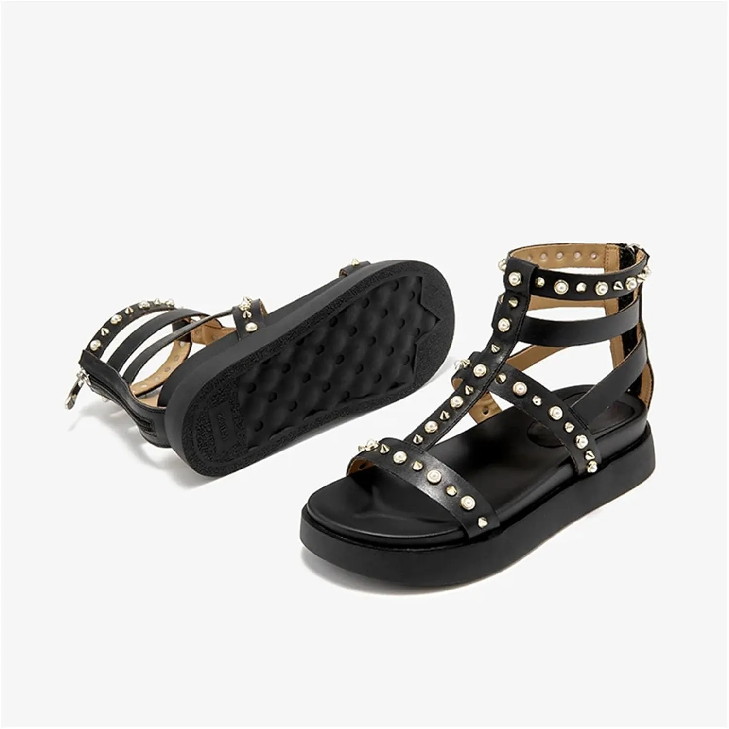 Women's Zipper Gladiator Sandals - Metal Decor Open Toe Platform Summer Shoes